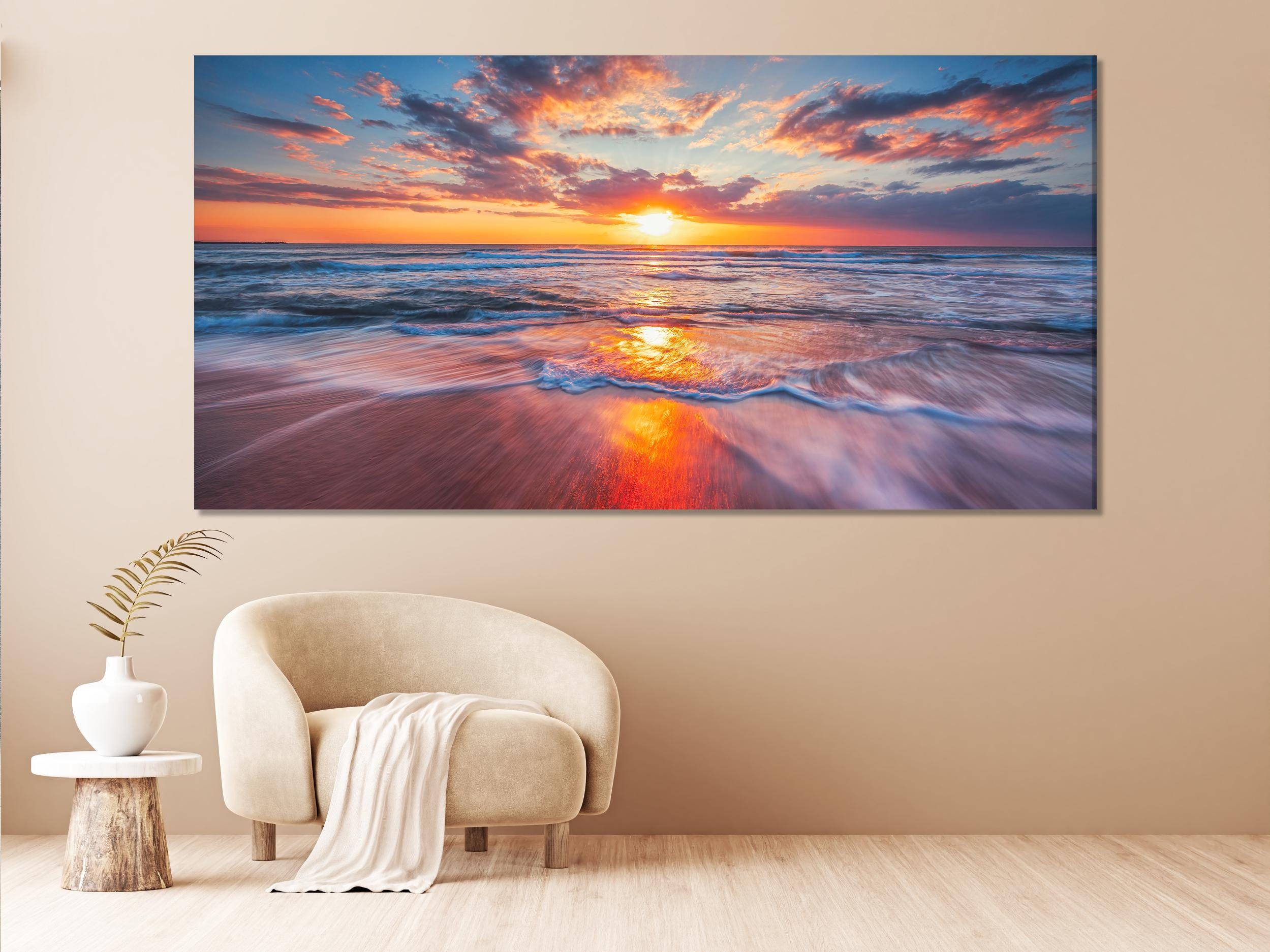 Ocean Sunset Print – Seascape Wall Art, Modern Sunset Beach Art Print, Multi Panel Coastal Wall Art for Living Room or Bedroom Wall Decor