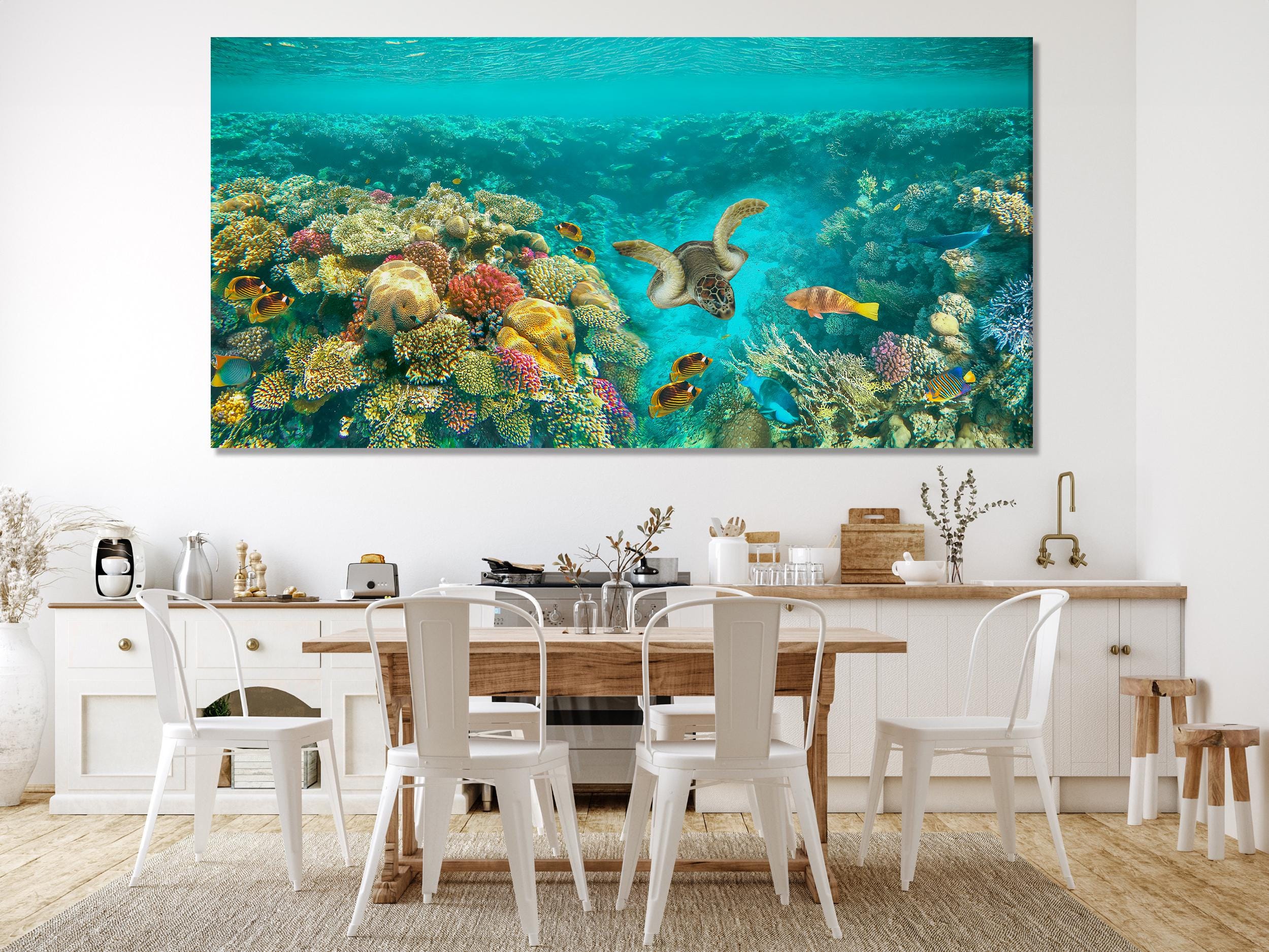 لوحة قماشية مطبوعة لشعاب مرجانية تحت الماء، ولوحة جدارية لسلحفاة بحرية وأسماك استوائية، ومناظر طبيعية بحرية كبيرة، وديكور للحياة البحرية، وأعمال فنية بحرية نابضة بالحياة