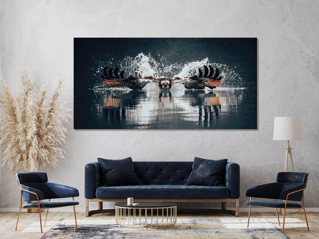 Fischadler Jagd Leinwanddruck, Majestätischer Seefalke Wandkunst, Große Tierfotografie, Raubtier in Aktion Dekor, Natur und Vogel Kunstwerk