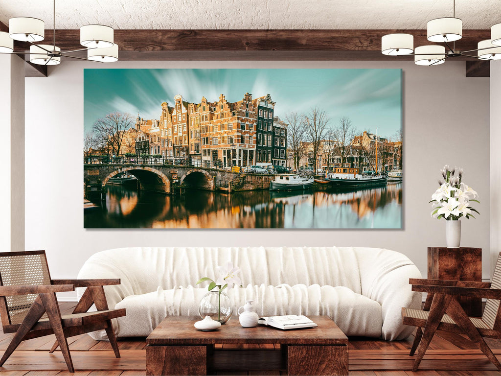 Amsterdam Canal Canvas Print, Large Cityscape Wall Art, Charming Dutch Architecture Artwork, Modern Urban Art Print, Scenic Wall Decor