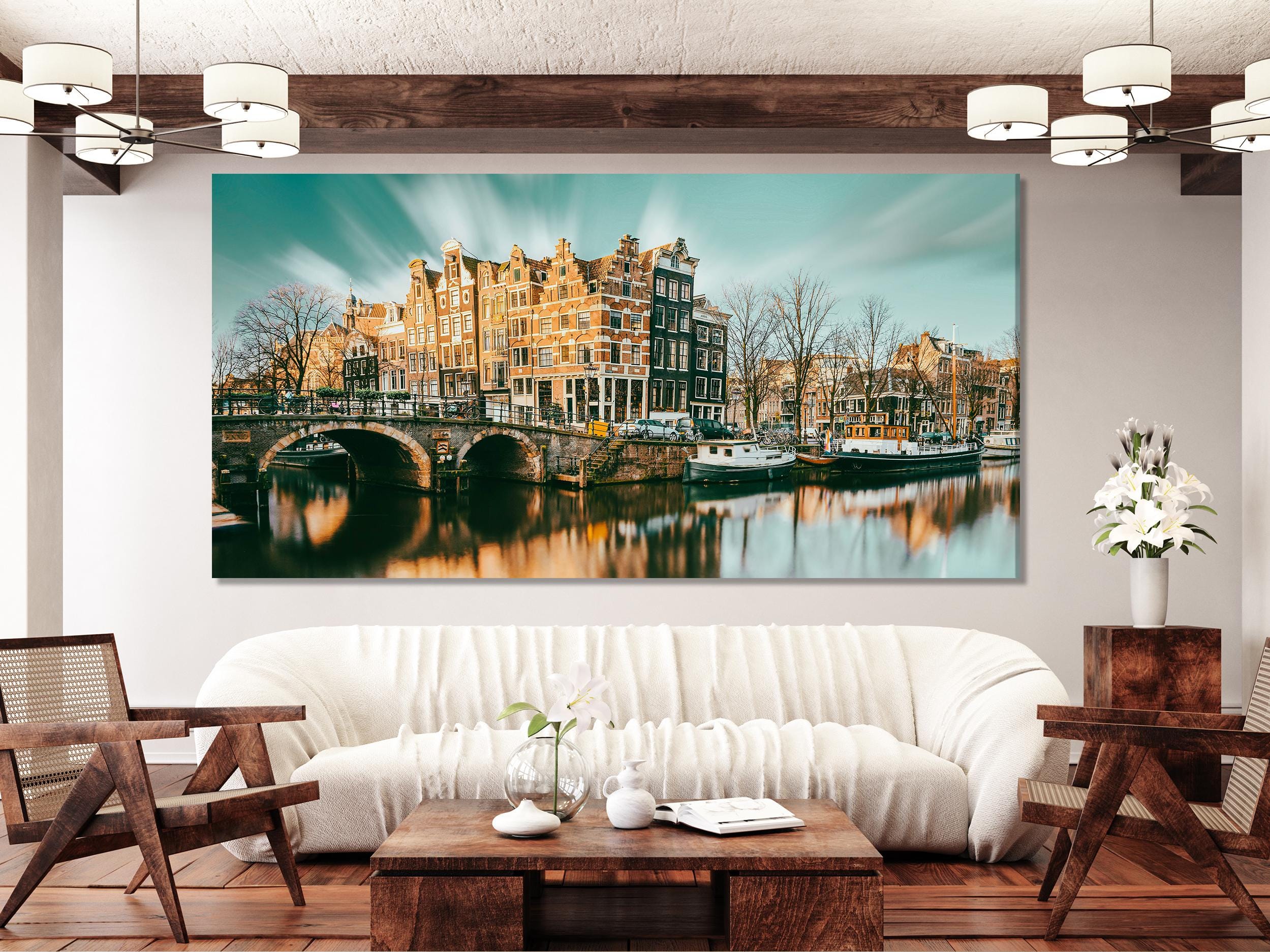 Amsterdam Canal Canvas Print, Large Cityscape Wall Art, Charming Dutch Architecture Artwork, Modern Urban Art Print, Scenic Wall Decor