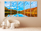 Autumn Lake Wall Art, 5-Panel Massachusetts Mountain Landscape Canvas Print, Large Fall Nature Art Print, Scenic Mountains Wall Art Painting