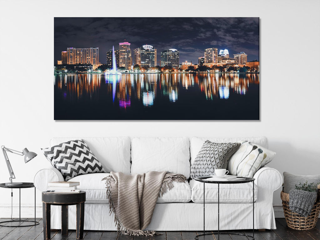 Orlando Lake Eola at Night Canvas Print, Downtown Skyline Wall Art, XXL Orlando Cityscape, Office Buildings Art, Large Florida Wall Art