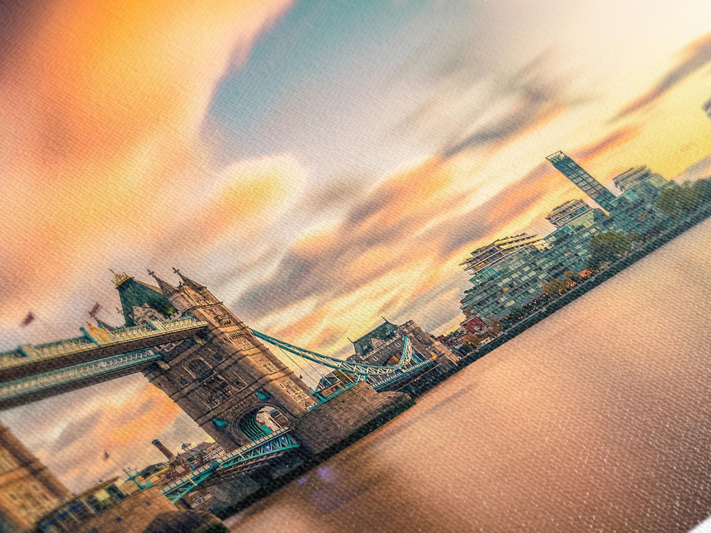 London Skyline Canvas Print, Tower Bridge and The Shard Wall Art, Large London Cityscape, Sunset over Thames River, Iconic British Art Print