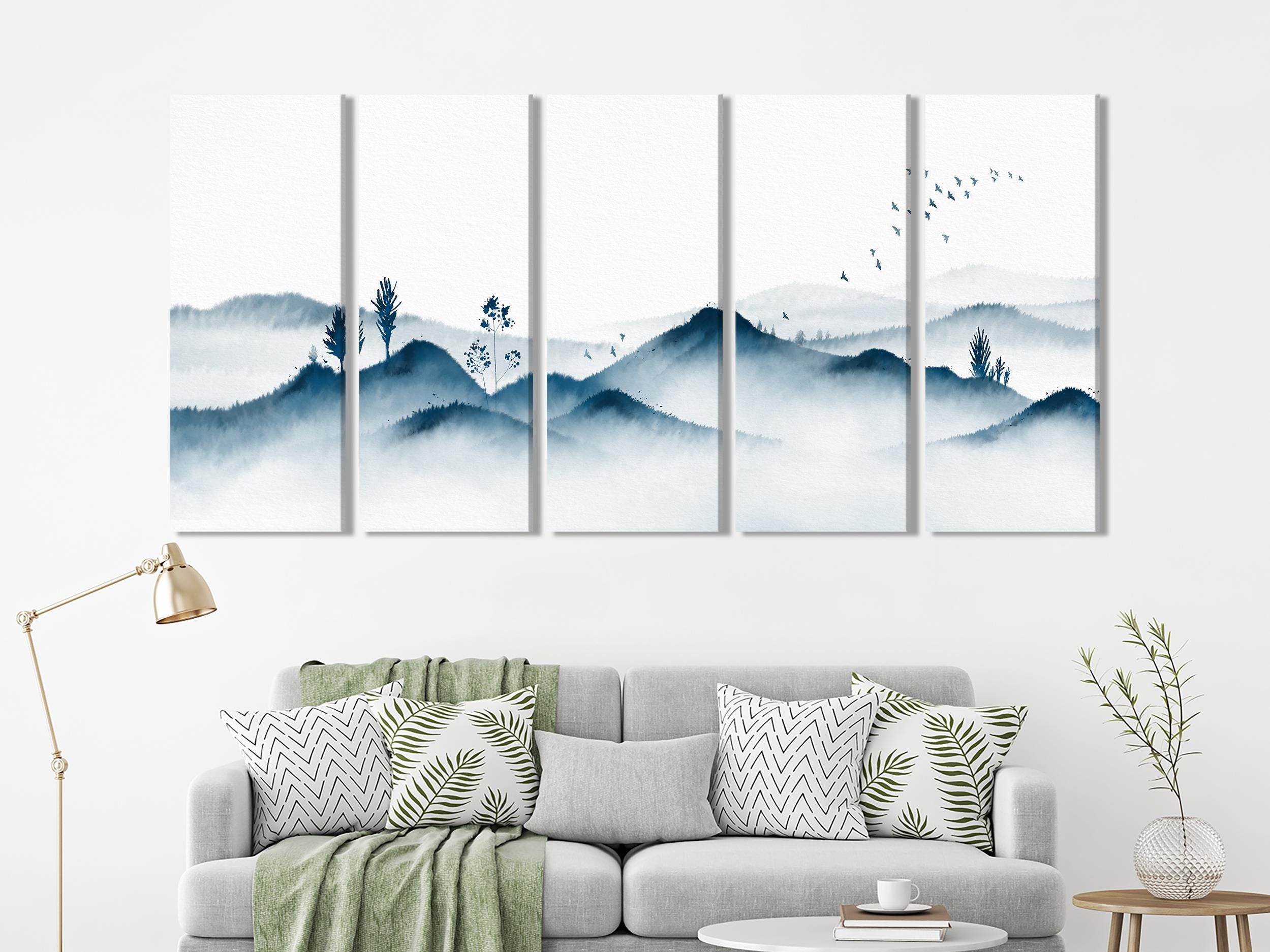 Minimalist Mountain Wall Art, Blue Mountain Canvas Art, 3-Panel Oriental Ink Artwork, Nature-Inspired Painting for Home or Office Wall Decor