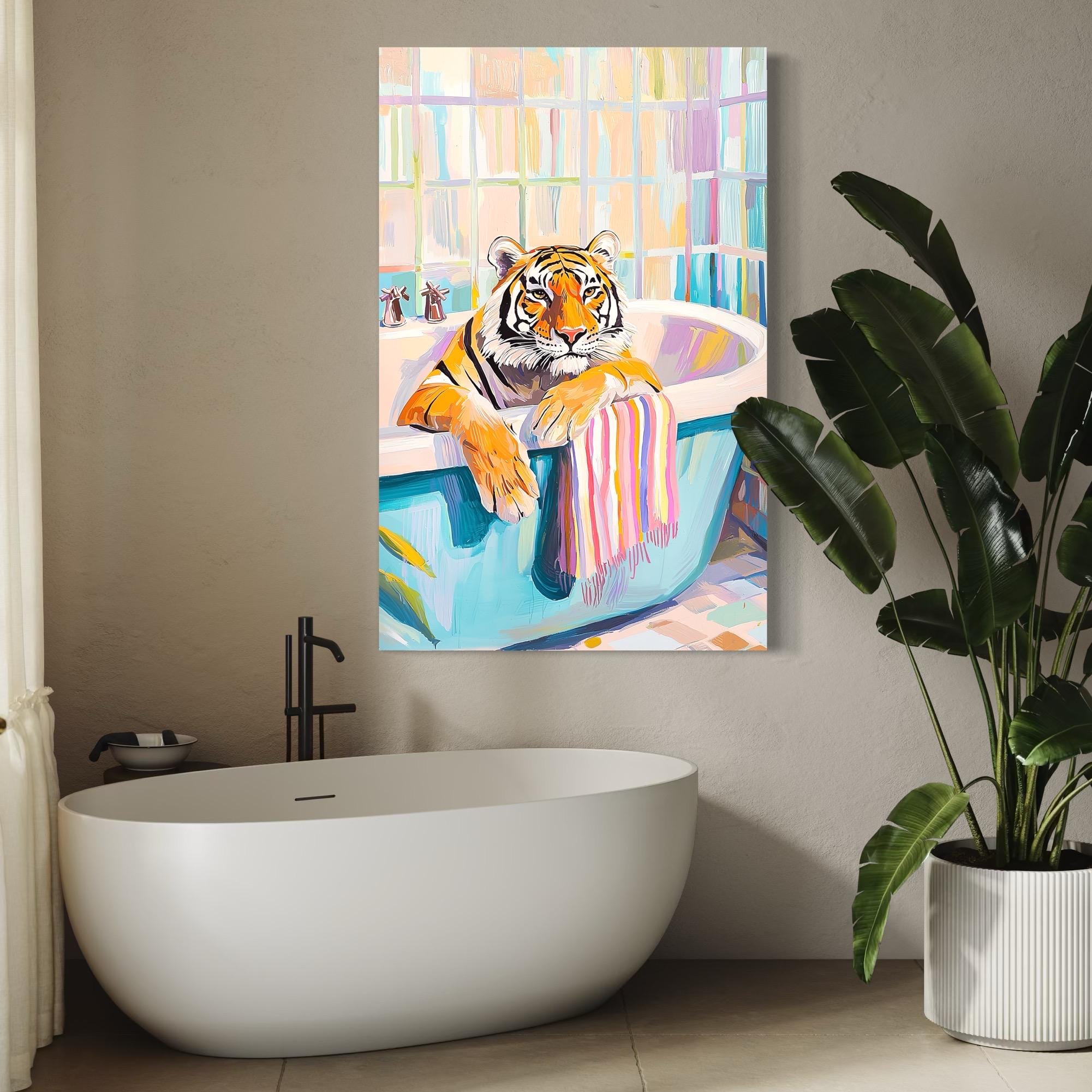 Tiger Poster Art - Maximalist Bathroom Wall Art, Dopamine Decor, Pink Kitsch Aesthetic, Trendy Tiger in a Bath Print, Preppy Jungle Wall Art