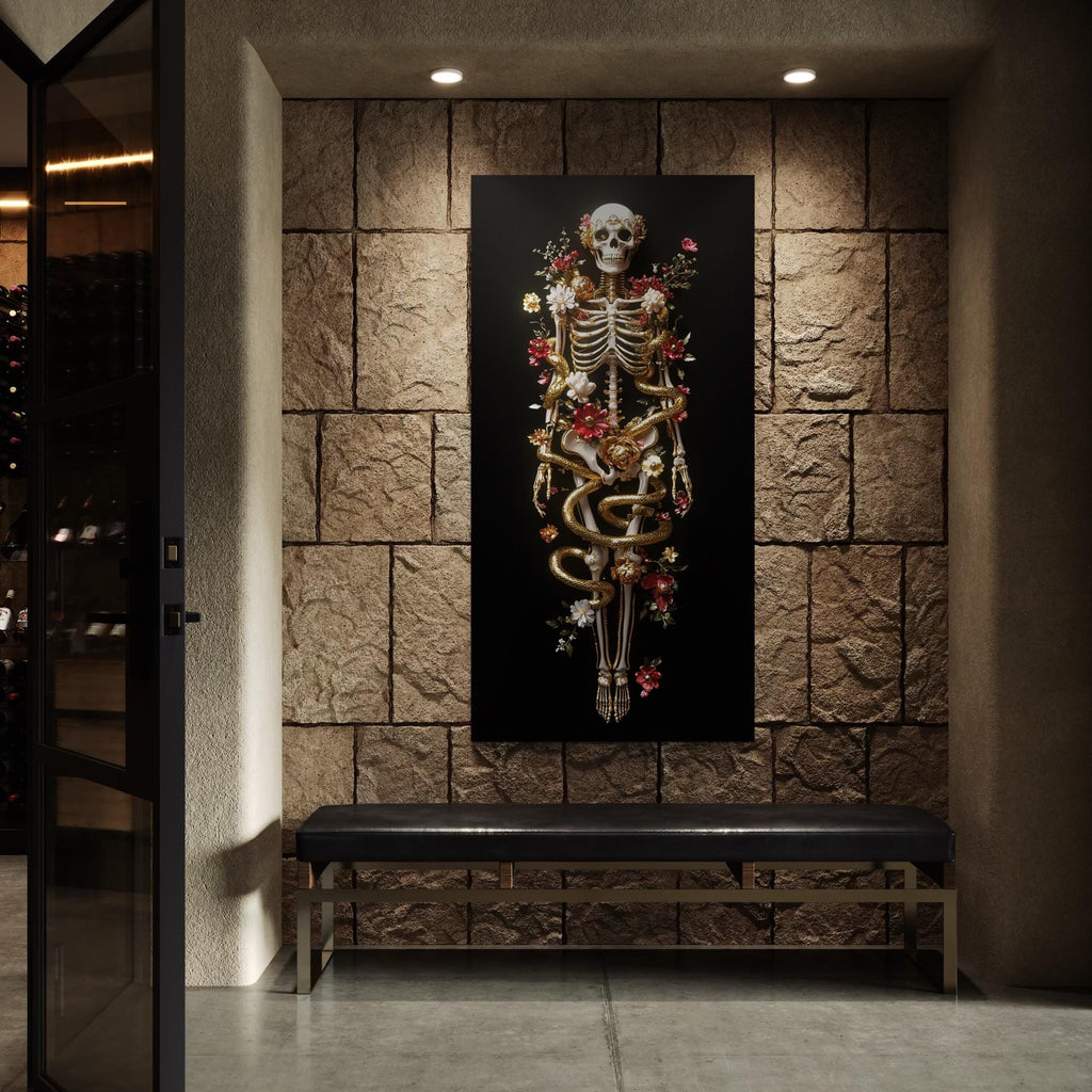 Art mur Skeleton - Toile d'art squelette gothique florale, œuvre serpent doré, Décor mural du surréalisme sombre, Impression sur toile anatomie baroque