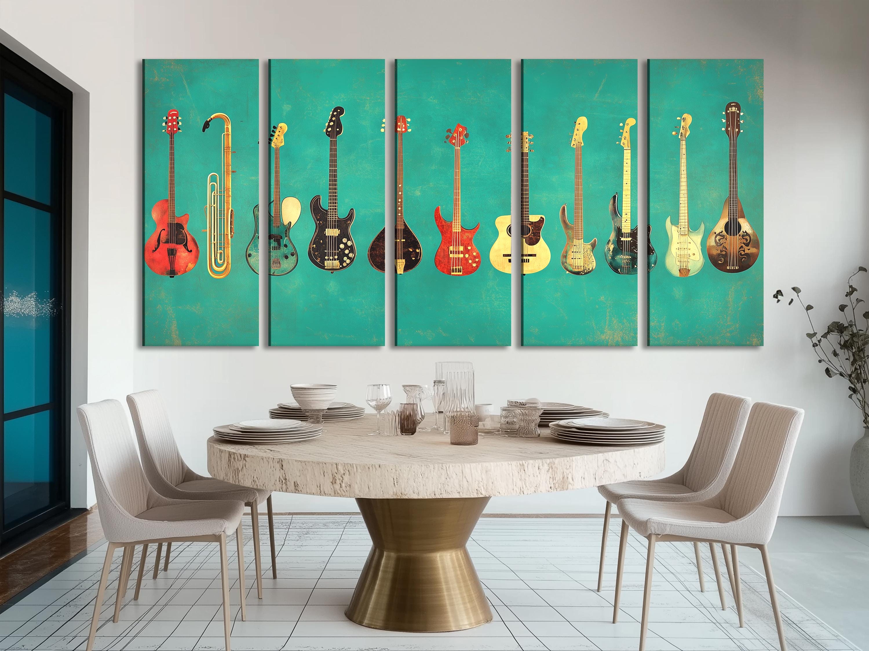 Gitaar wanddecoratie, muziekinstrumenten canvas print, gitaarcollectie kunstprint, cadeau voor muzikant, gitaarstudio decoratie, muziekkamer wanddecoratie