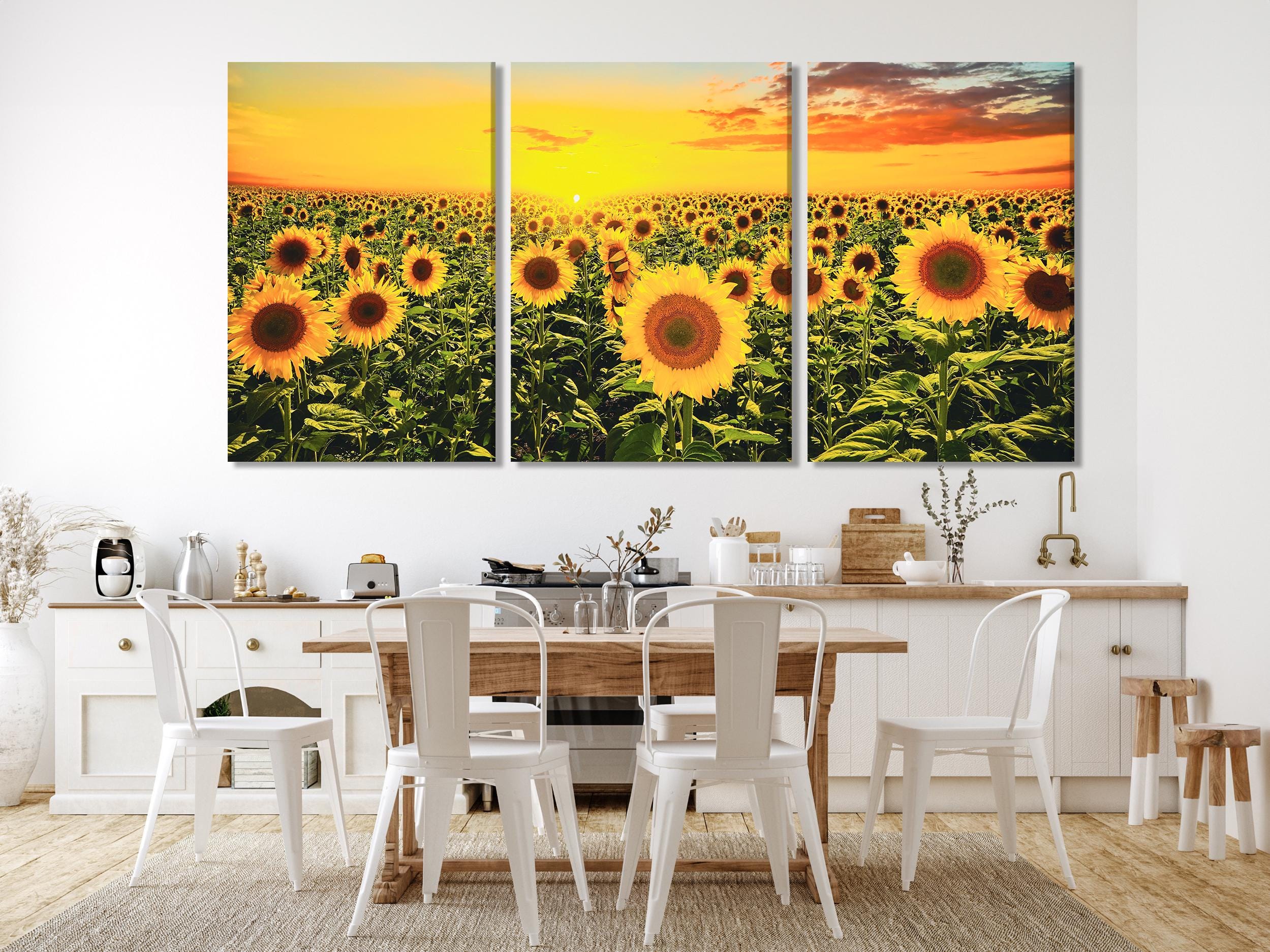 Sunflower Field Canvas Print, Sunset Landscape Wall Art, Bright Floral Decor, Large 3 Panel Sunflower Artwork, Vibrant Nature Canvas Print