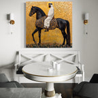 Arabic Wall Art - Black Stallion Canvas Art, Middle Eastern Horseman Painting, Luxury Arab Horse Decor, Gold Islamic Artwork, Horse Wall Art