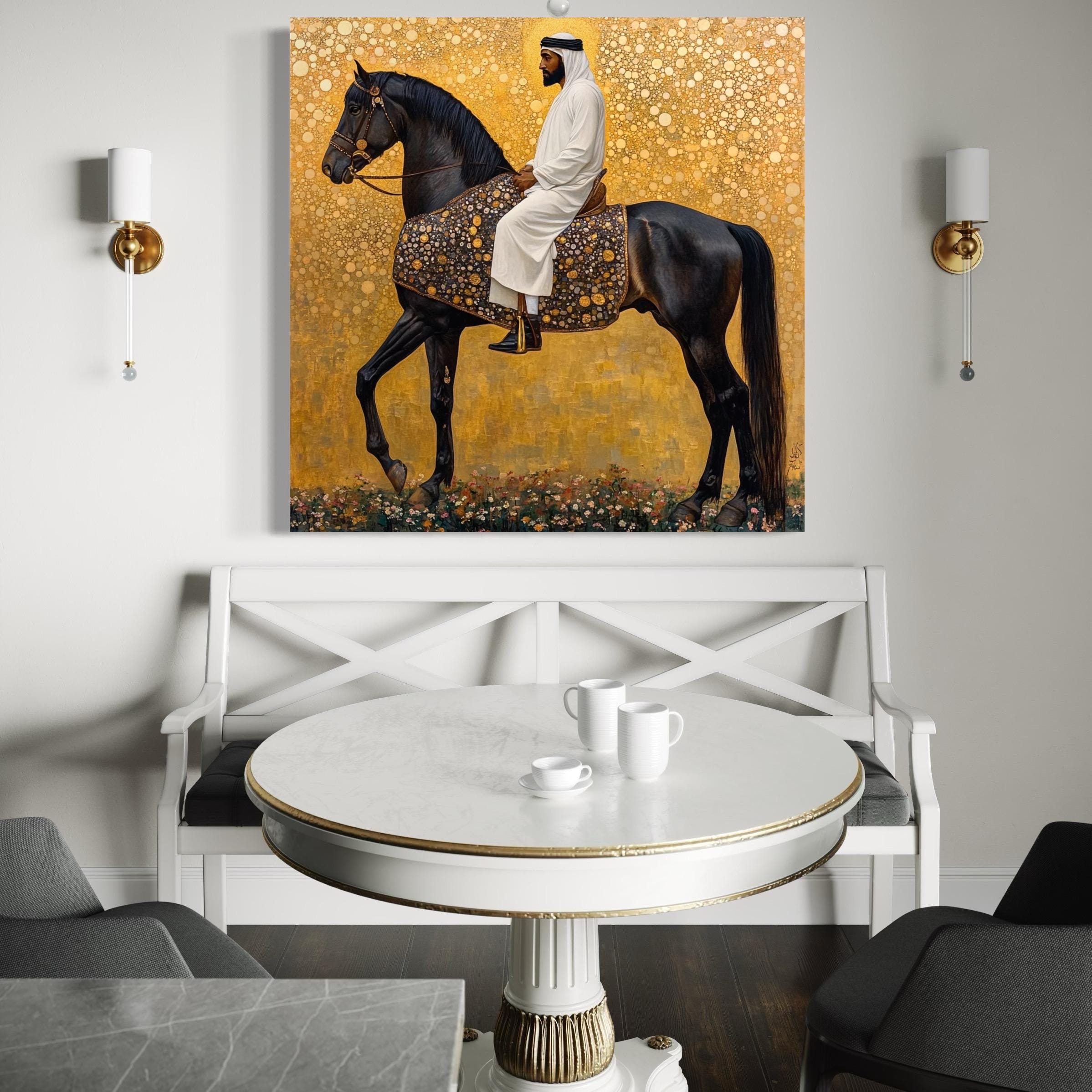 Arabic Wall Art - Black Stallion Canvas Art, Middle Eastern Horseman Painting, Luxury Arab Horse Decor, Gold Islamic Artwork, Horse Wall Art