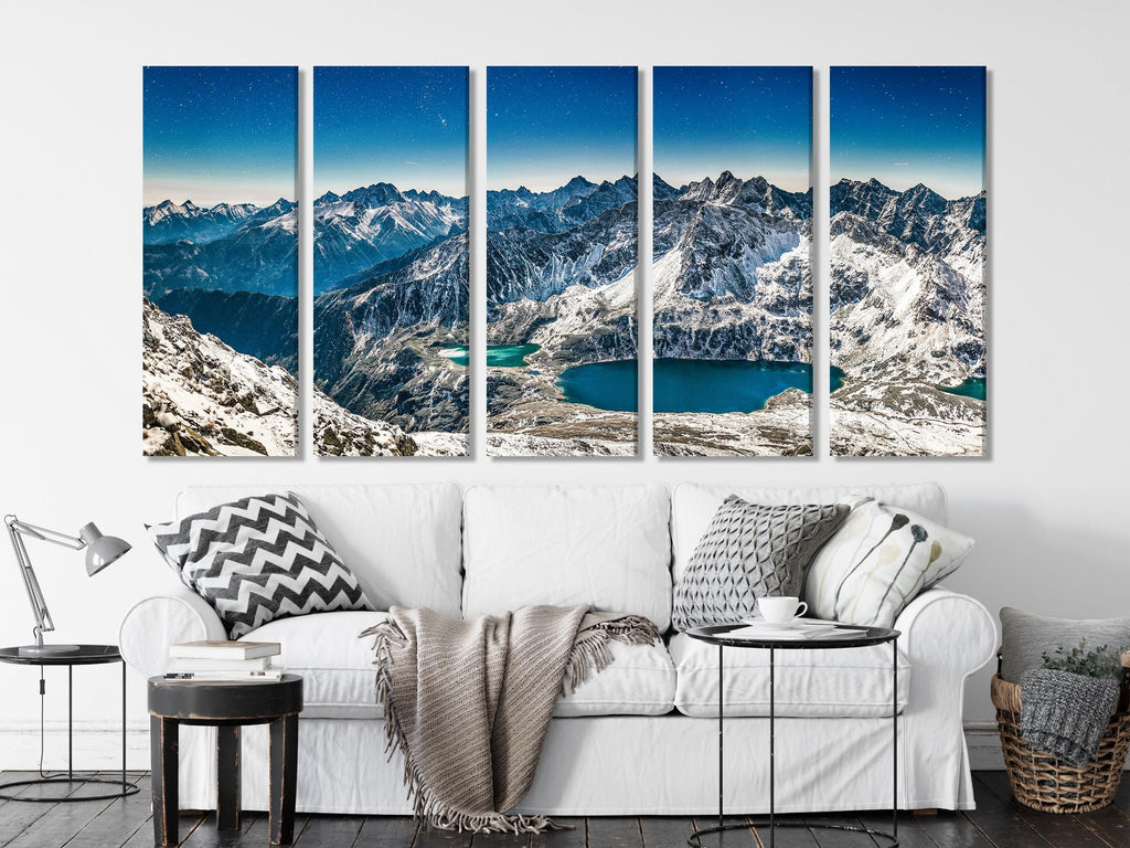 Tatra Mountains Canvas Print, Dolina Pieciu Stawow Wall Art, Large Alpine Landscape, Winter Peaks and Blue Lakes Art, Nature Above Couch Art