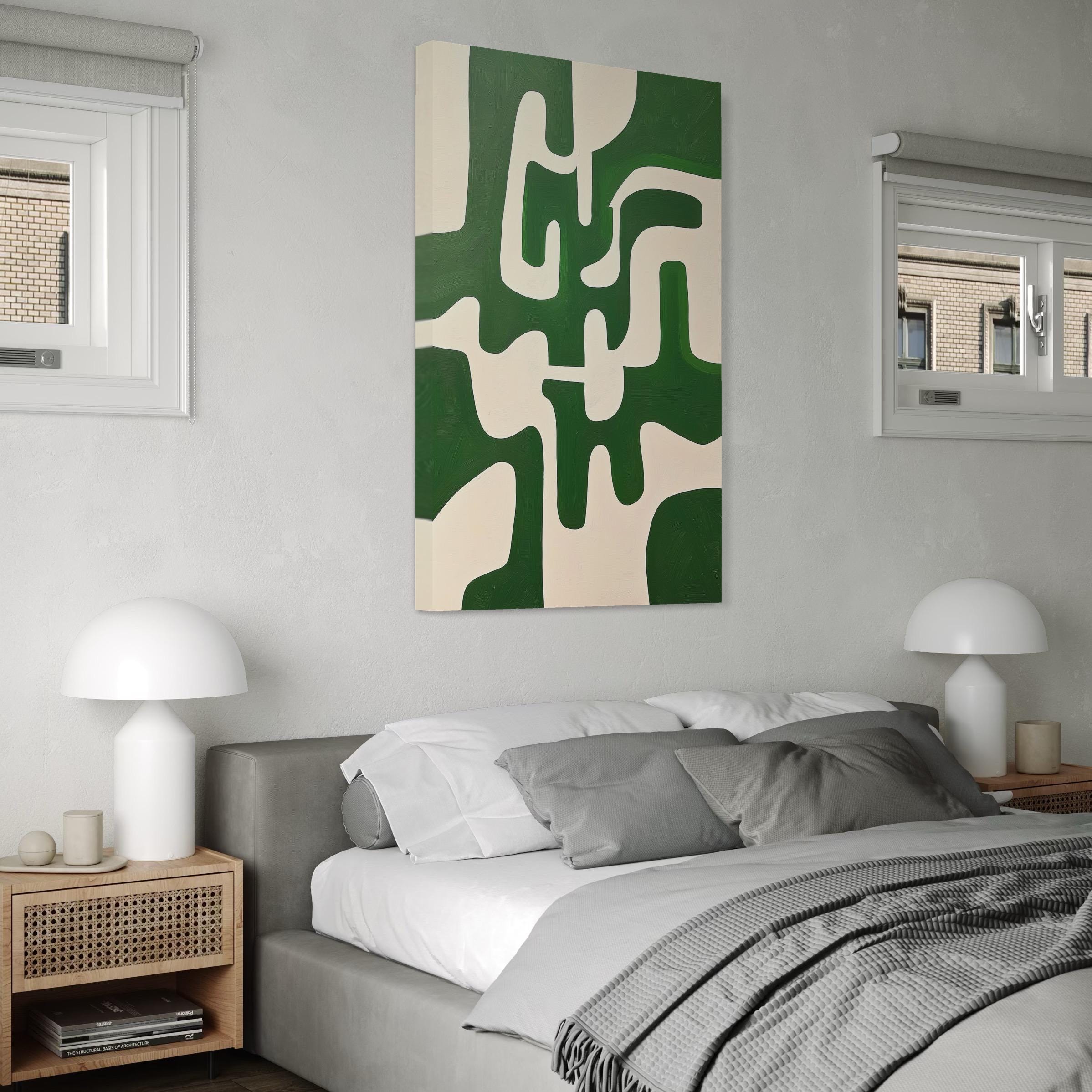 Minimalist Wall Art - Beige Emerald Green Abstract Geometric Canvas Print, Vertical Organic Shape Painting, Large Oversized Wall Art Decor