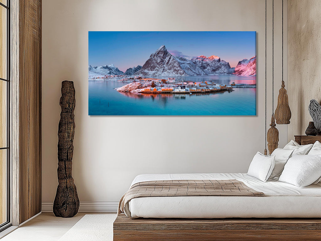 Lofoten Island Canvas Print, Winter Coastal Village Wall Art, Norwegian Mountain Landscape, Arctic Seascape Decor, XXL Nordic Nature Artwork