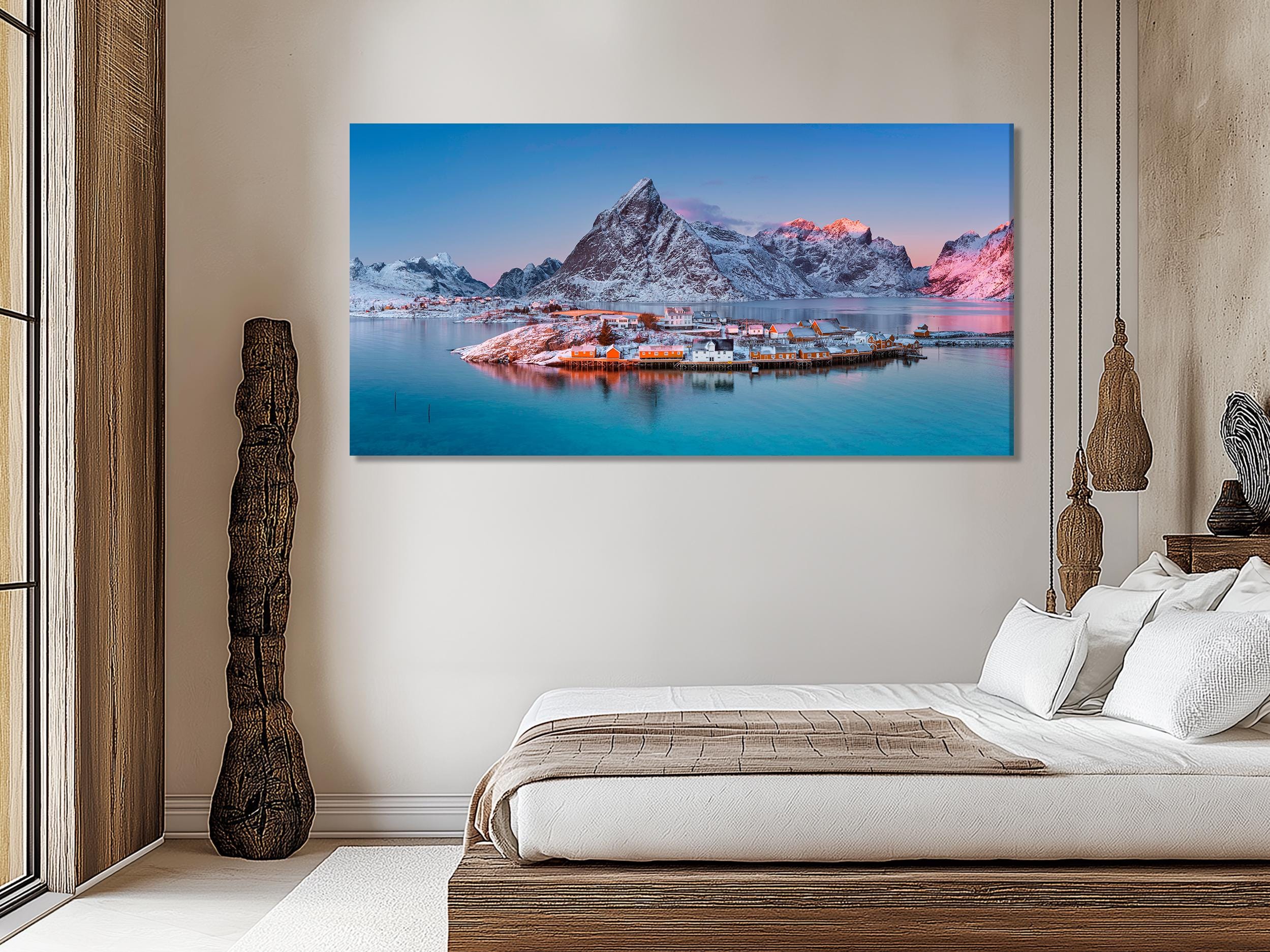 Lofoten Island Canvas Print, Winter Coastal Village Wall Art, Norwegian Mountain Landscape, Arctic Seascape Decor, XXL Nordic Nature Artwork
