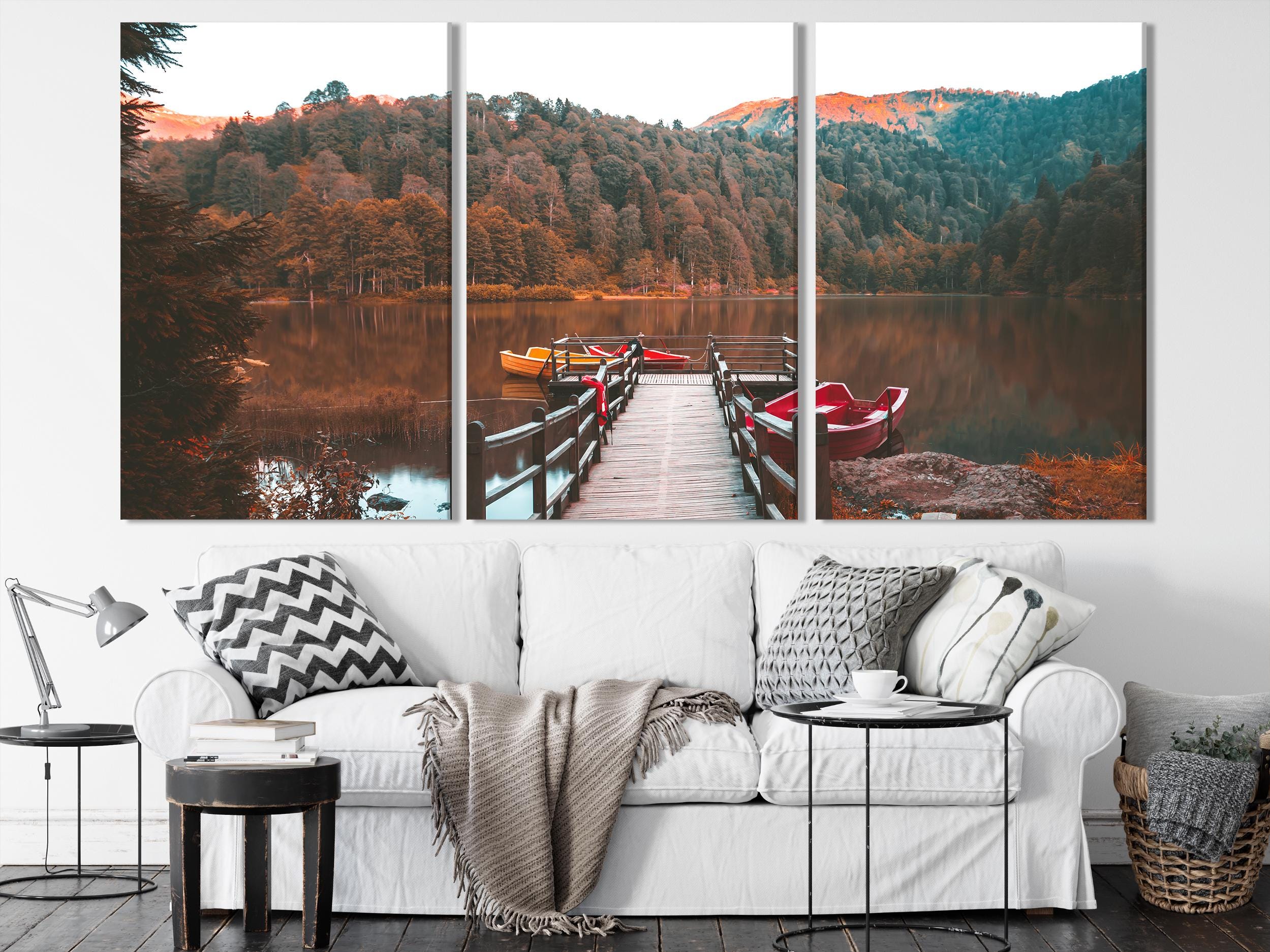 Autumn Lake Triptych Canvas Art - Wooden Dock and Boats Wall Art, Mountain Landscape Print, Fall Nature Art Print, Large 3-Panel Wall Art