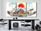 Scenic Medieval Town Wall Art Fantasy Cityscape Canvas Majestic Mountain Painting Abstract Red Sun Decor Epic Fantasy Print