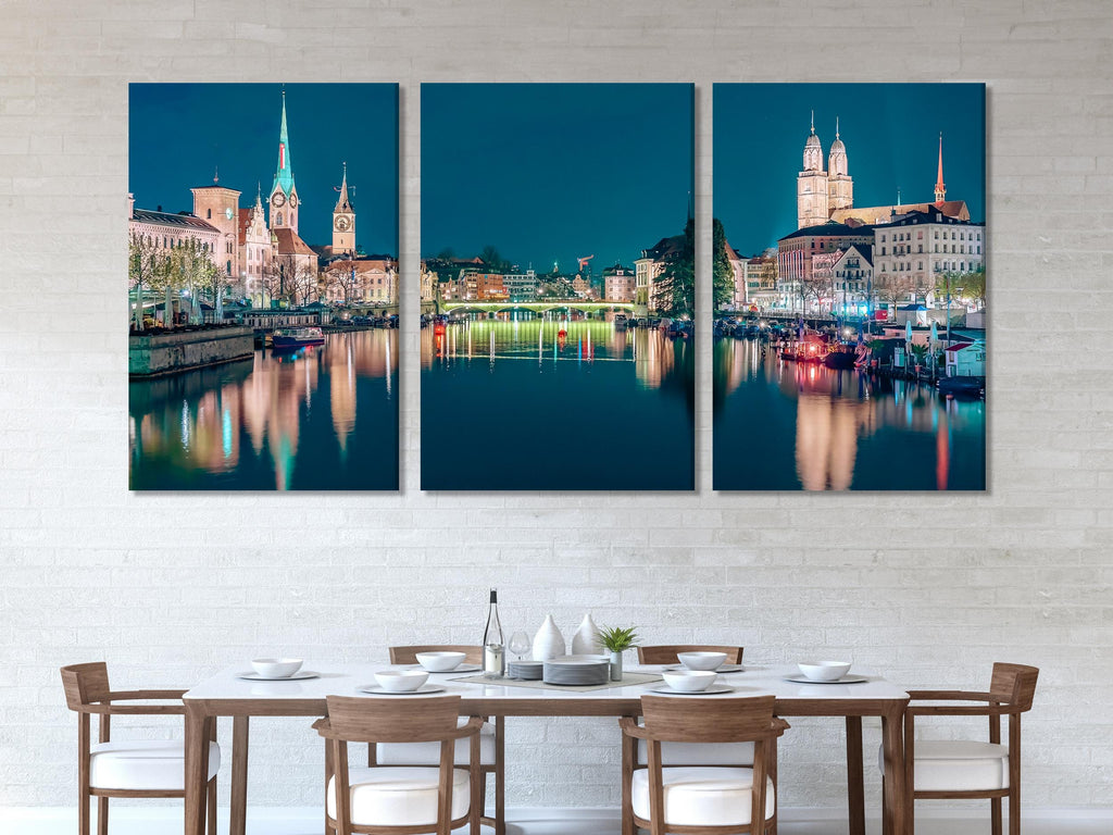 Zurich Cityscape Canvas Print, Large Night Skyline Wall Art, Illuminated Swiss City Artwork, Modern Urban Art Print, Scenic Wall Decor
