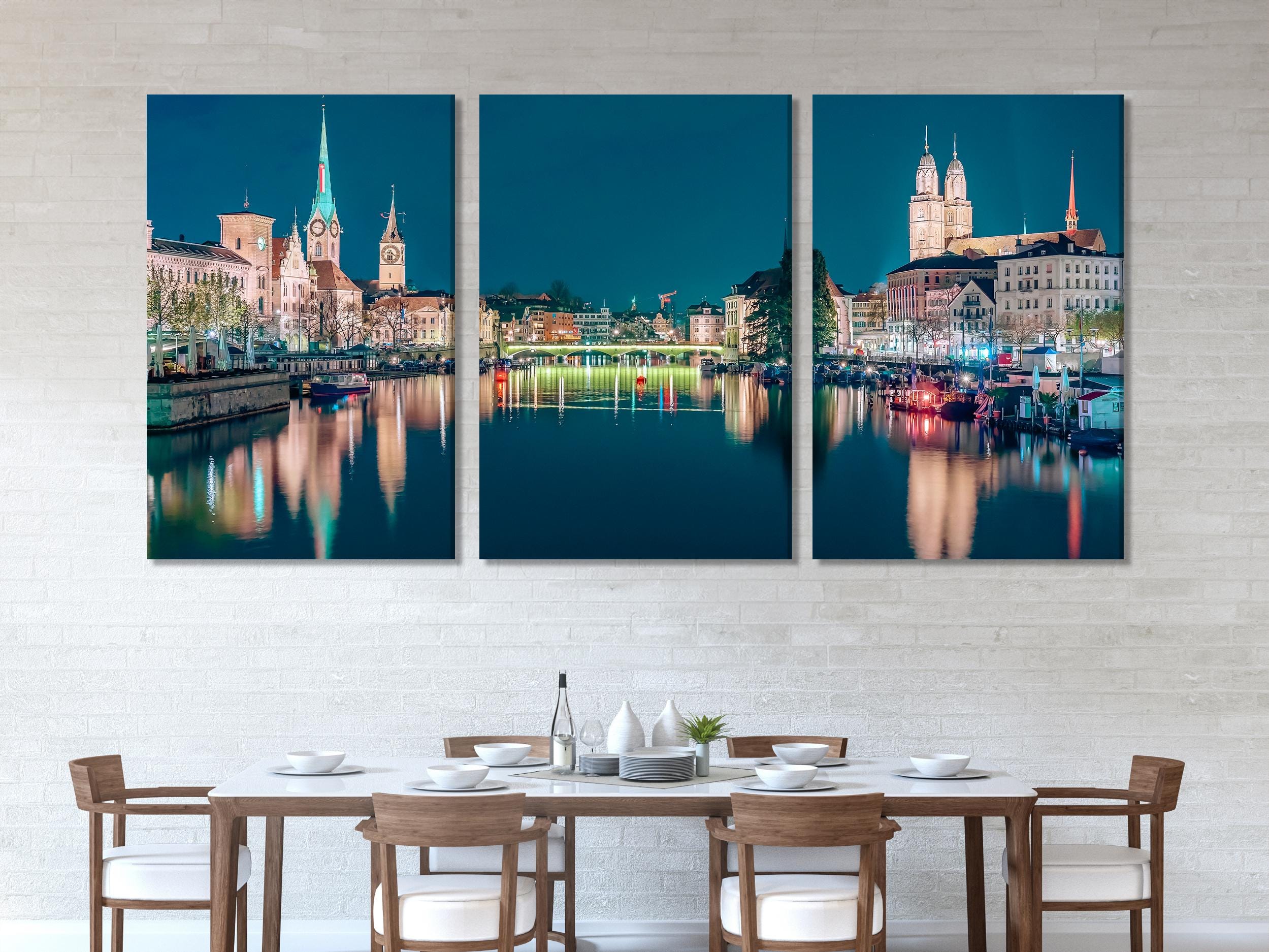 Zurich Cityscape Canvas Print, Large Night Skyline Wall Art, Illuminated Swiss City Artwork, Modern Urban Art Print, Scenic Wall Decor