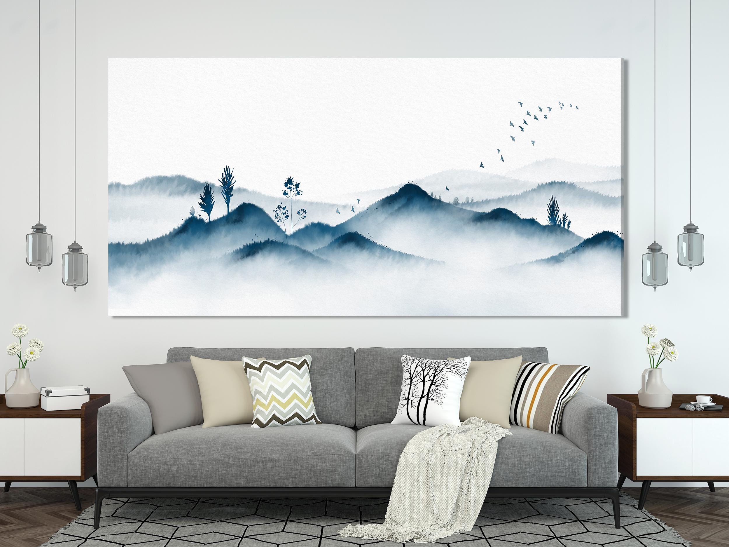 Minimalist Mountain Wall Art, Blue Mountain Canvas Art, 3-Panel Oriental Ink Artwork, Nature-Inspired Painting for Home or Office Wall Decor