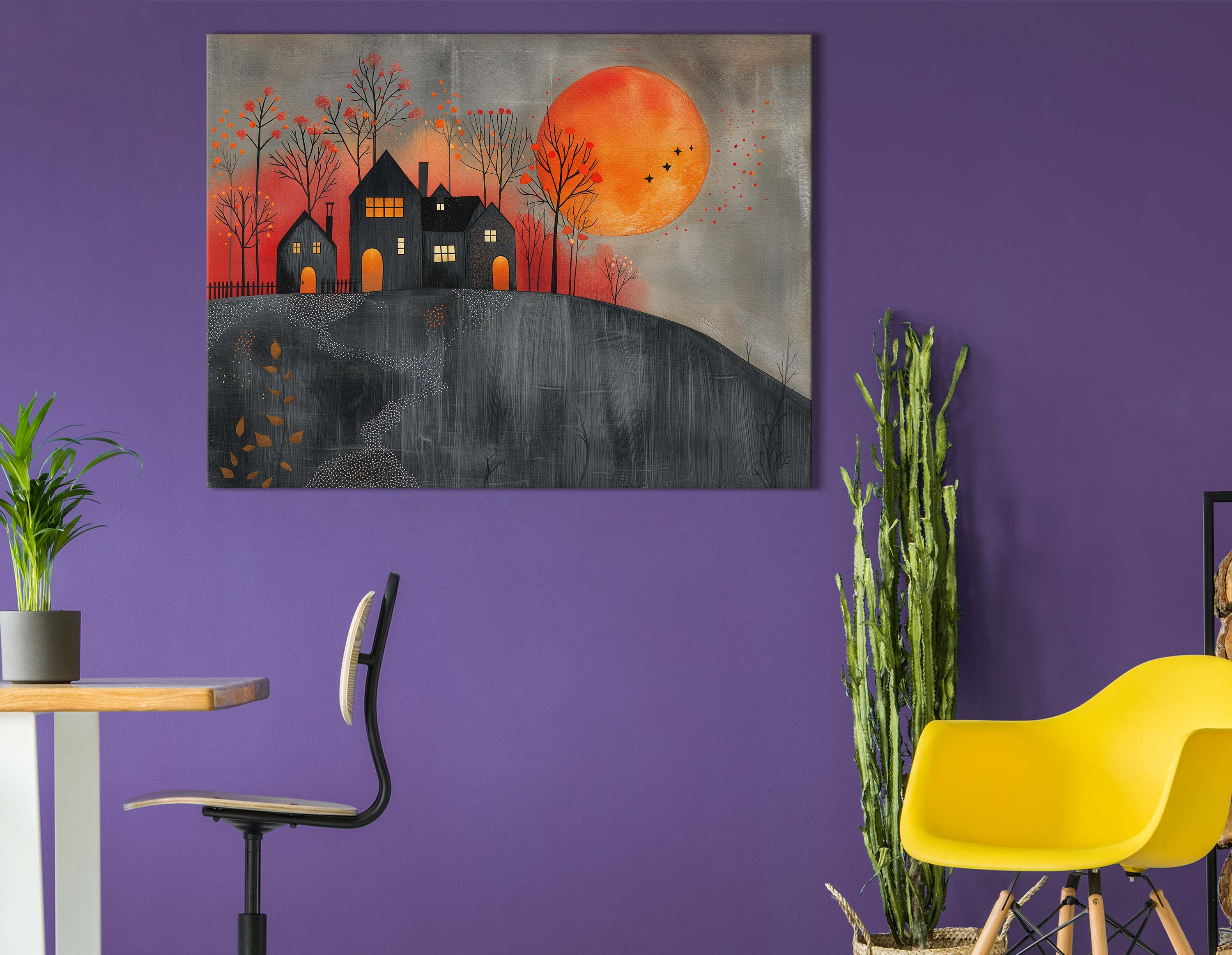 Rustic Village Silhouette Under Full Moon Canvas Print