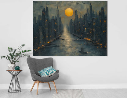 Impasto Style Moonlit City Artwork 