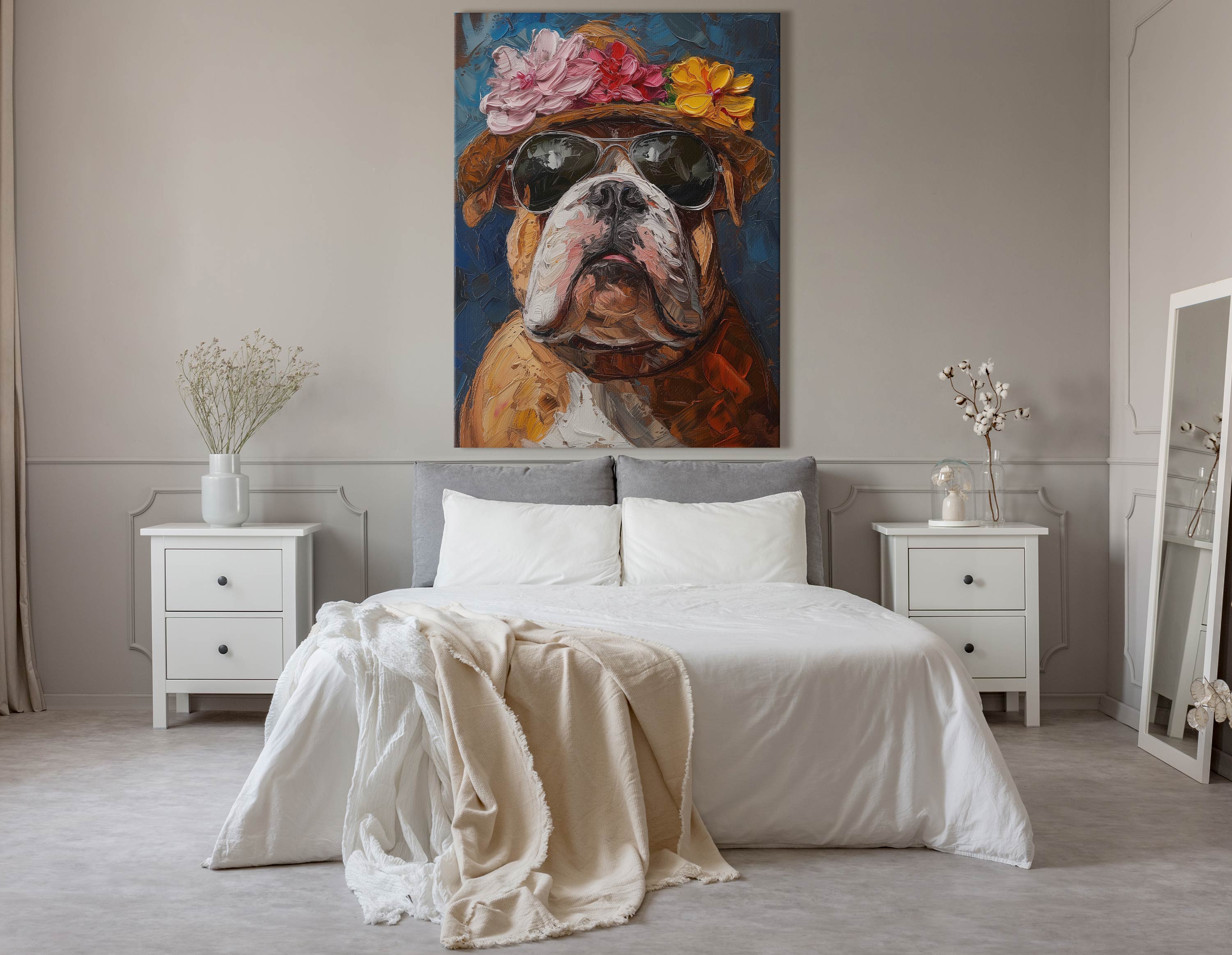 Chic Bulldog in Floral Hat Canvas Print