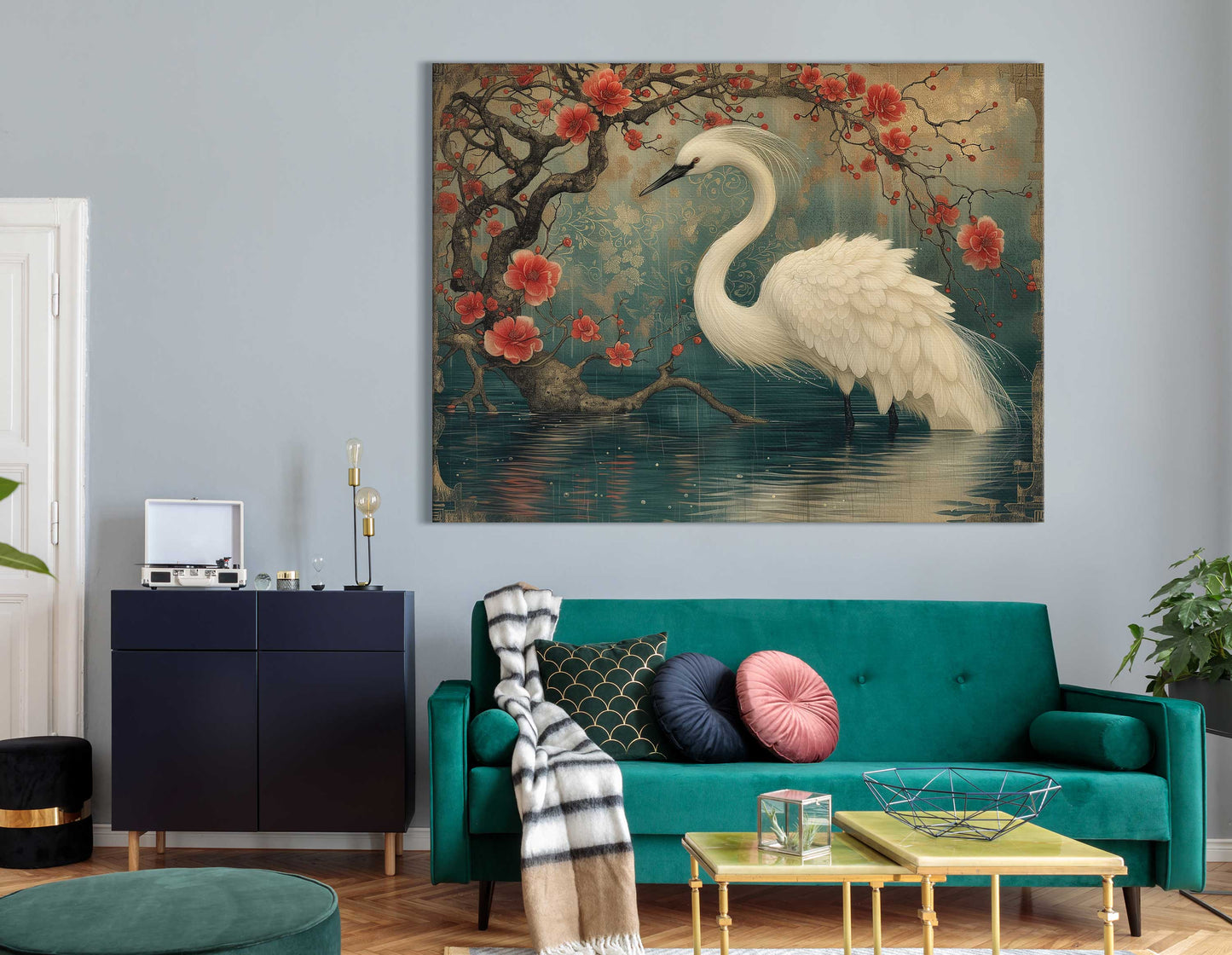 Serene Crane in Flowering Branch Art