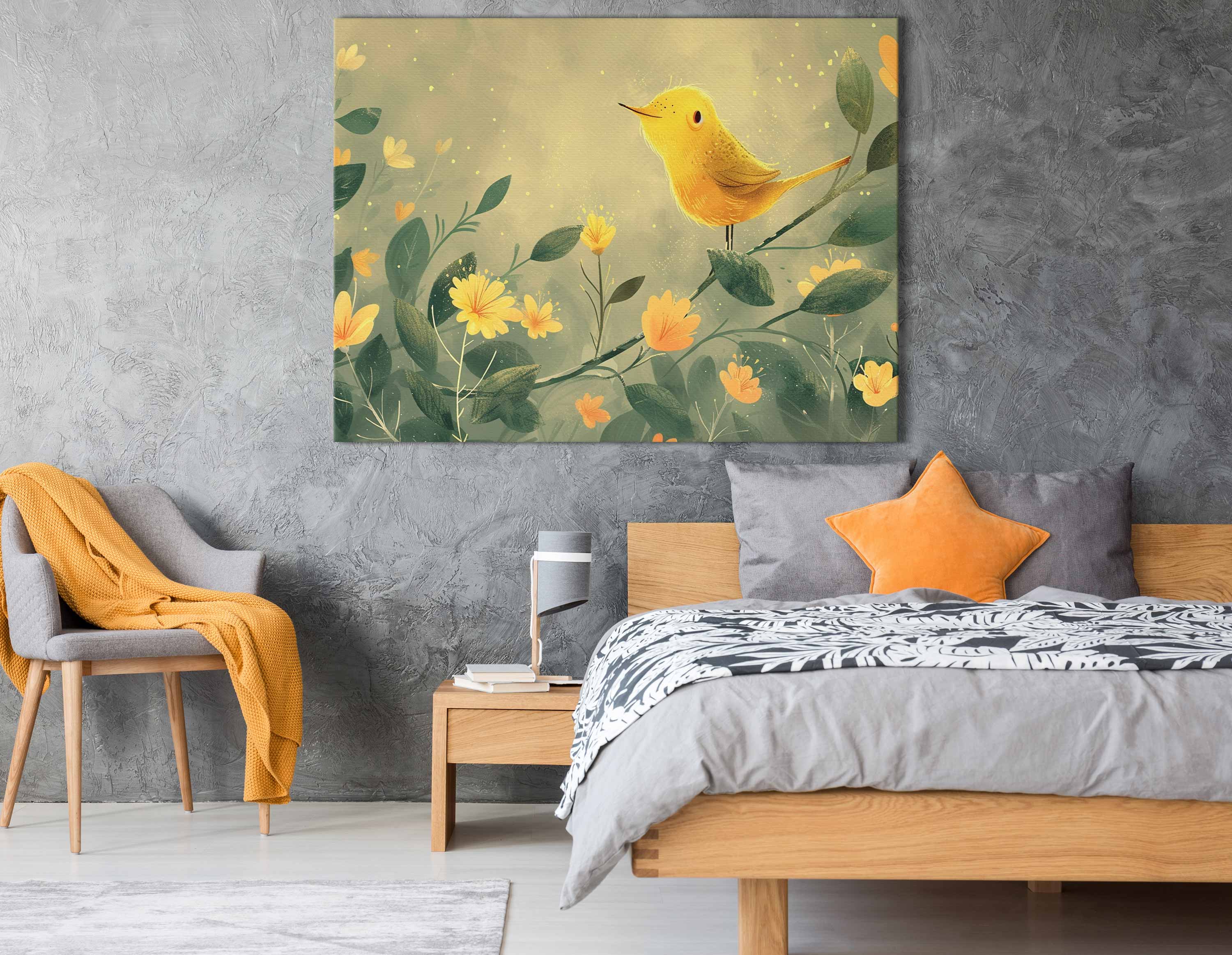 Sunny Yellow Bird and Blooms Large Wall Art