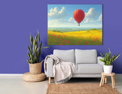 Globo rojo sobre campos de flores - Impresión en lienzo
