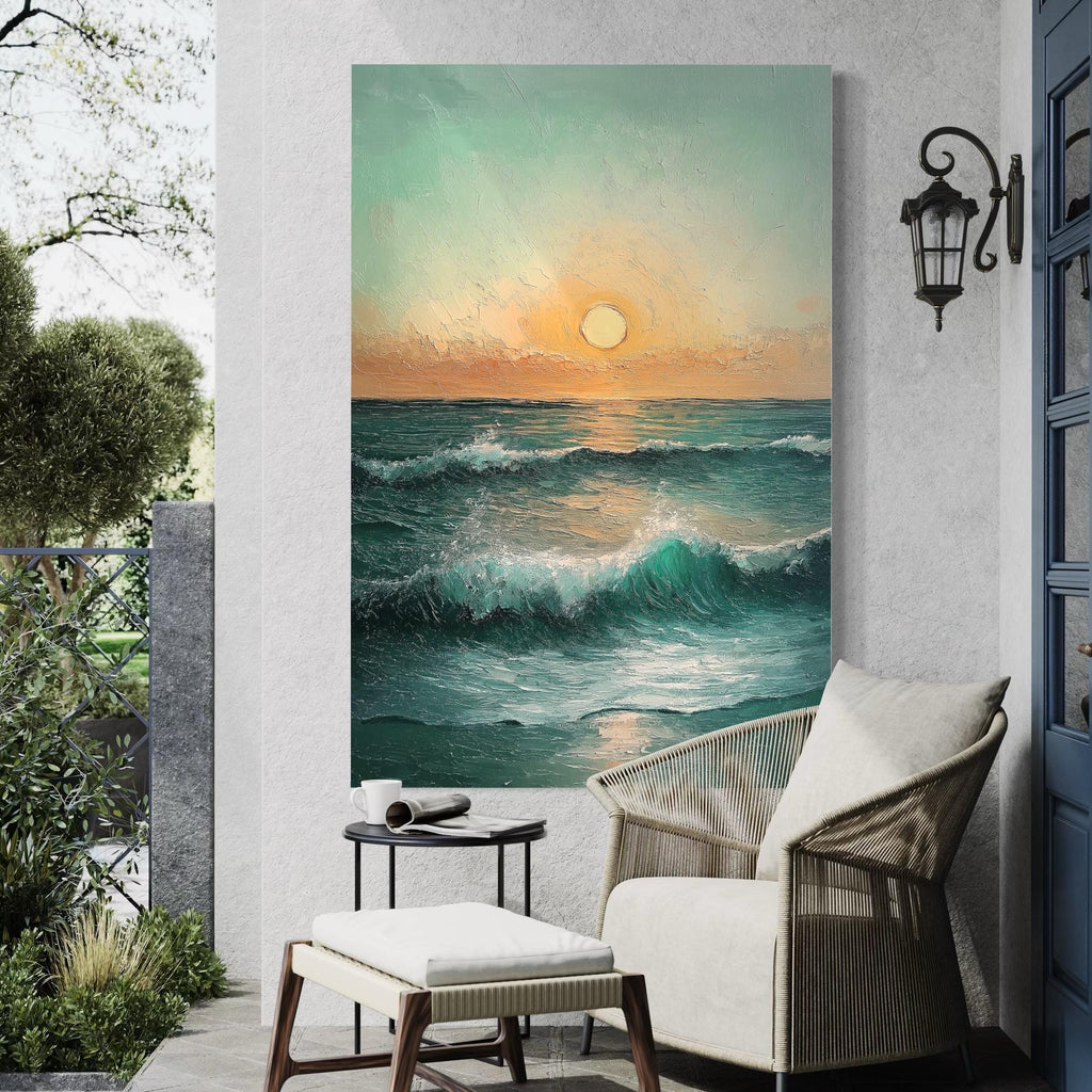 Sunset Over the Ocean Canvas Art - Seascape Wall Art, Ocean Waves Art, Coastal Sunset Painting, Beach House Wall Decor, Sunset Canvas Print
