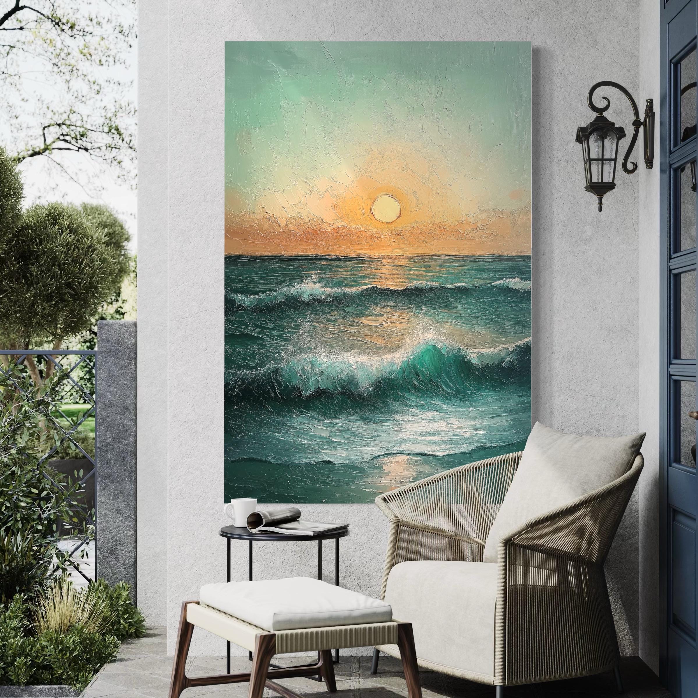 Sunset Over the Ocean Canvas Art - Seascape Wall Art, Ocean Waves Art, Coastal Sunset Painting, Beach House Wall Decor, Sunset Canvas Print