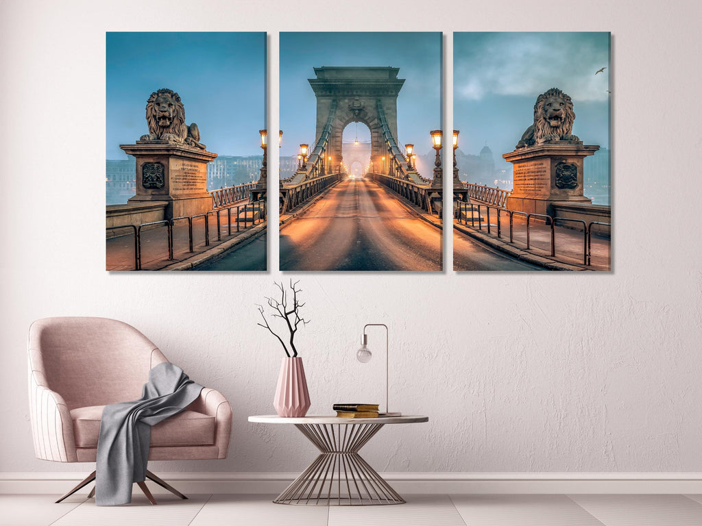 Chain Bridge Wall Art, Budapest Landmark Canvas Print, Morning Fog Cityscape Decor, Iconic Hungarian Bridge Artwork for Living Room / Office