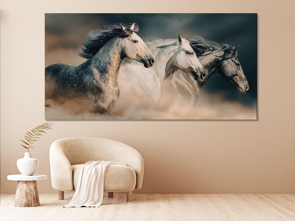 Grand tirage sur toile de chevaux au galop, art mural équestre, œuvre équestre majestueuse, tirage sur toile surdimensionné pour les amoureux des chevaux, décor moderne pour le salon