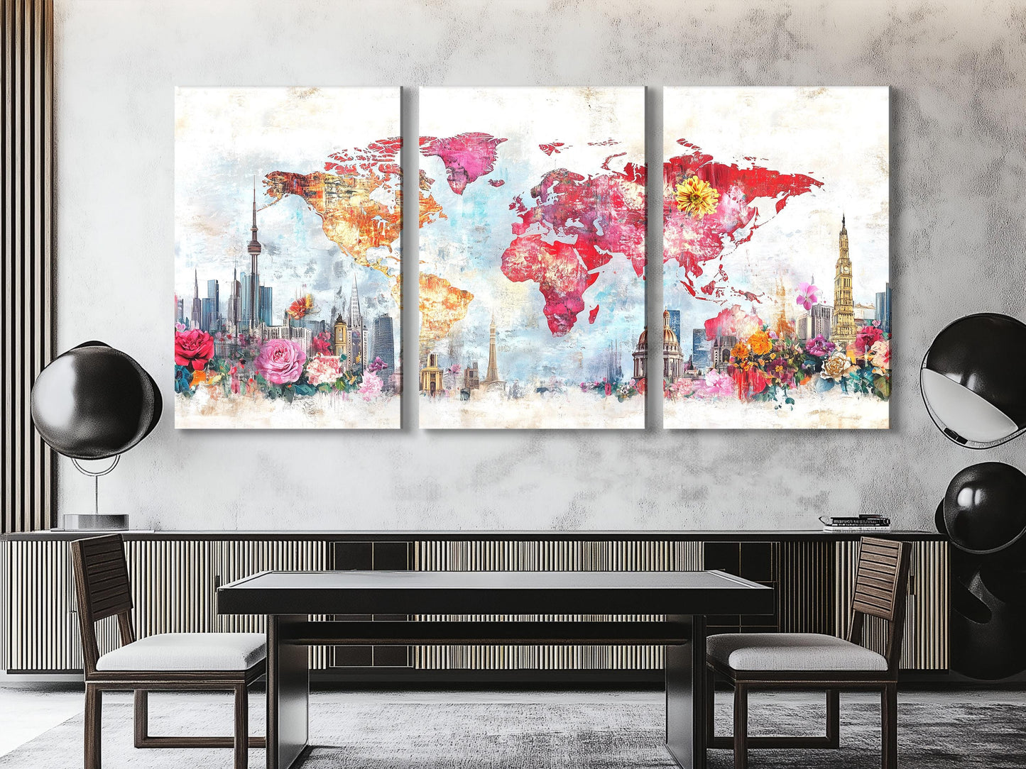 Floral Cityscape World Map Art Canvas Abstract Skyline Painting Colorful Flower Map Print Travel Inspired Home Interior Wall Decor
