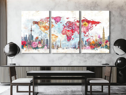 Floral Cityscape World Map Art Canvas Abstract Skyline Painting Colorful Flower Map Print Travel Inspired Home Interior Wall Decor