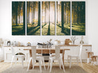 Serene woodland wall art capturing tall trees and golden morning rays, perfect as a multi-panel canvas print painting for nature-inspired artwork.