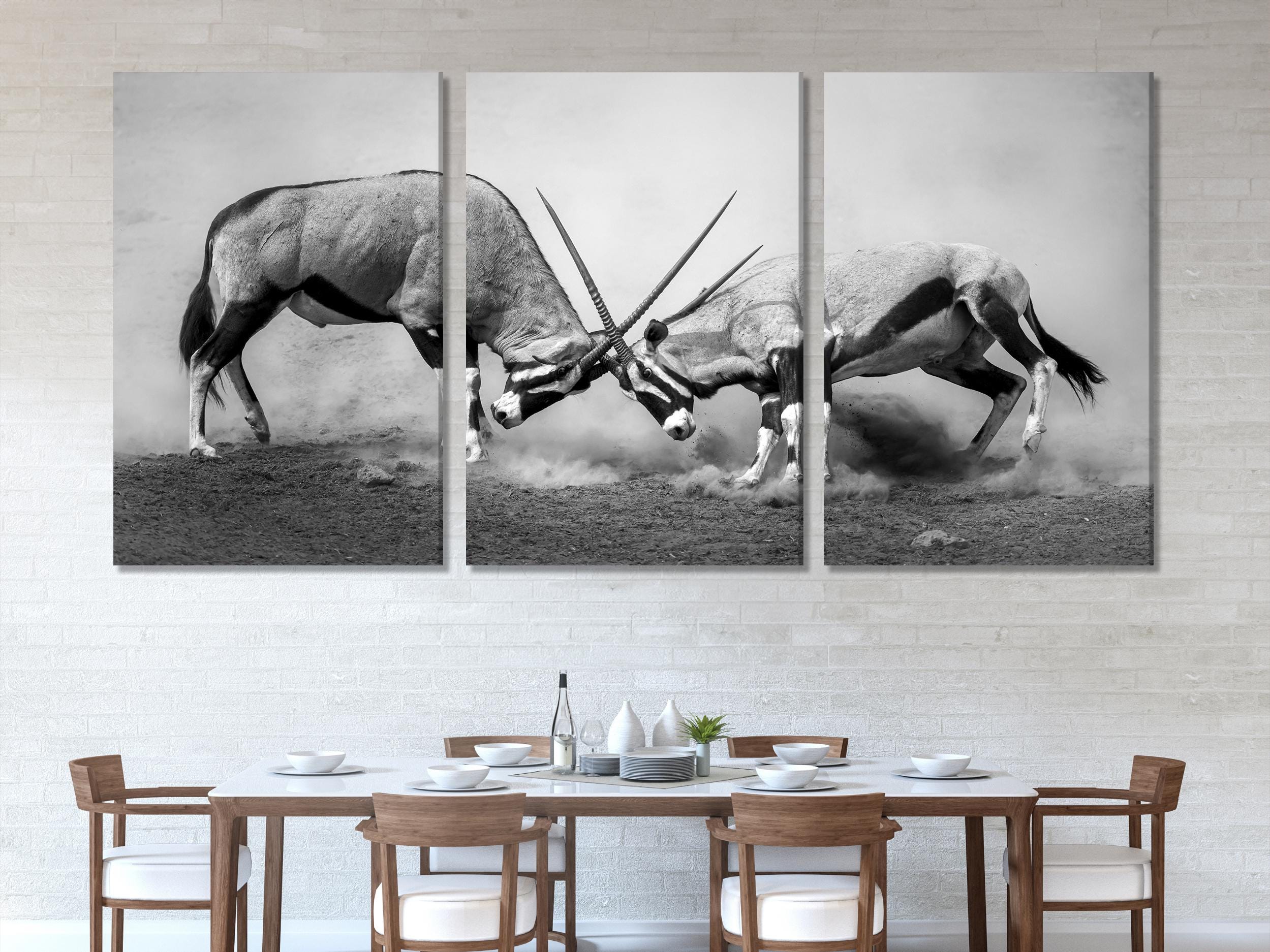 Large Black and White Gemsbok Canvas Print, African Wildlife Wall Art, Fighting Gemsbok Artwork, Oversized Nature Canvas for Modern Decor