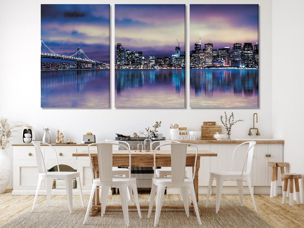 Large San Francisco Skyline Canvas Print, California Cityscape Wall Art, Oversized Bay Bridge Artwork, Night City Canvas for Modern Decor