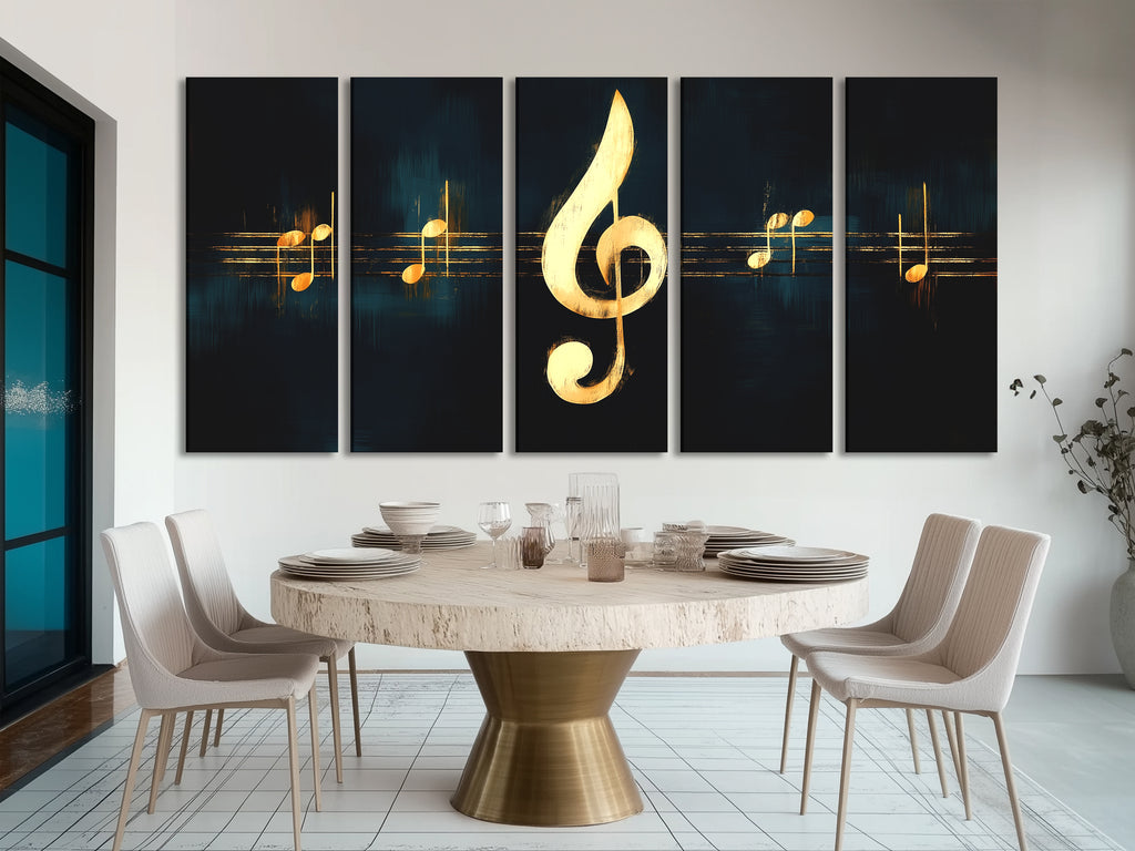 A contemporary painting of a treble clef in radiant gold set on a deep black canvas.