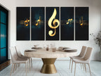 A contemporary painting of a treble clef in radiant gold set on a deep black canvas.