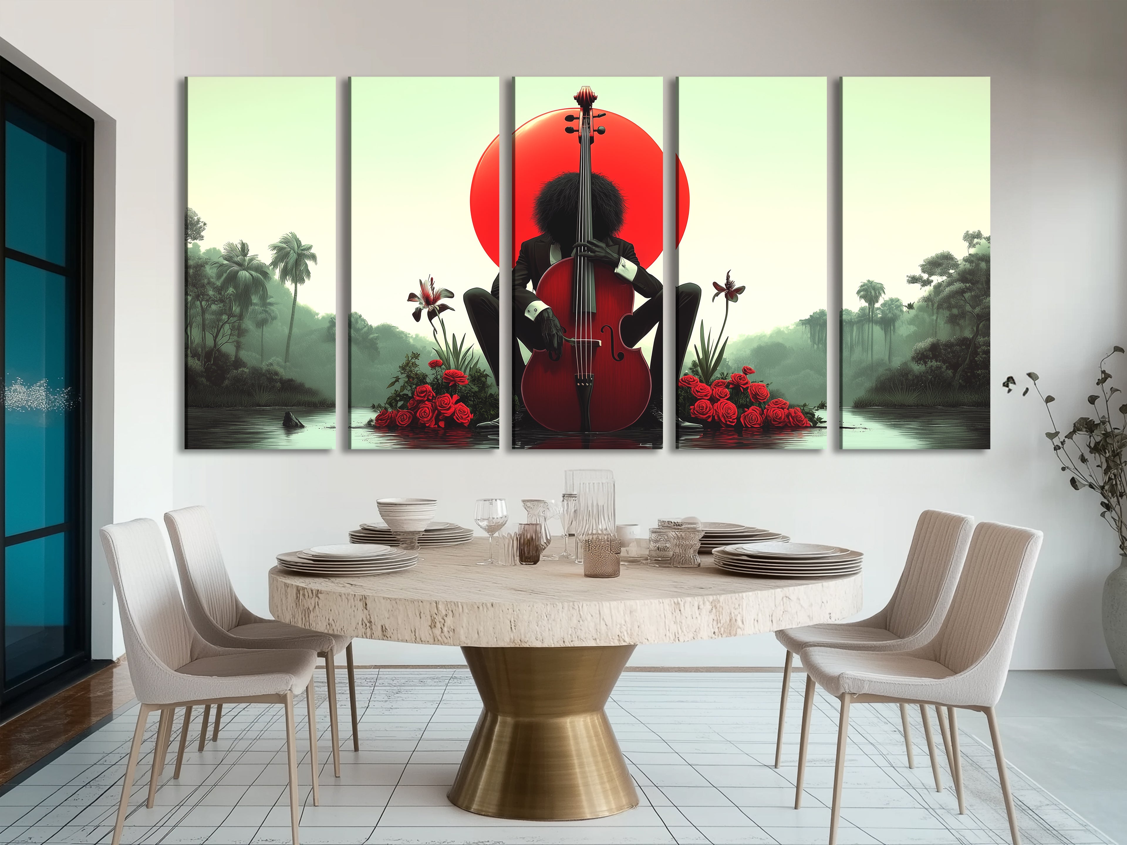 A dynamic painting merging bold reds, serene greens, and a powerful musical instrument.