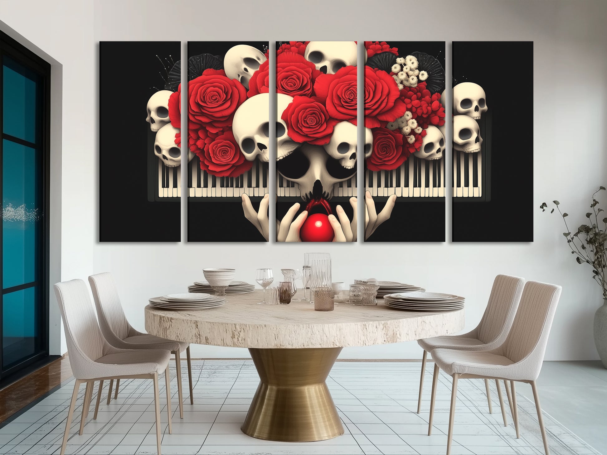 A stylized painting pairing lush red roses and haunting skulls over piano keys.