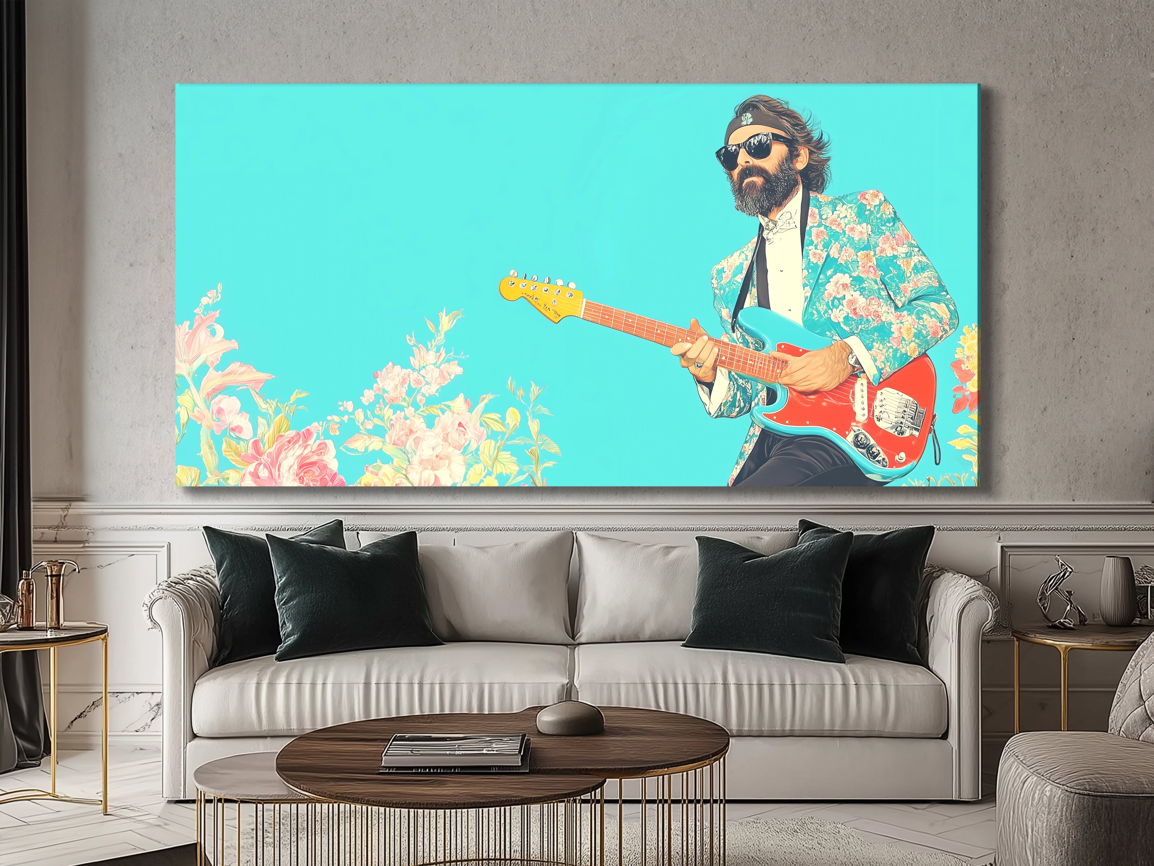 Artwork of a musician in a floral suit playing guitar, displayed in an elegant living room with a sofa and coffee table.
