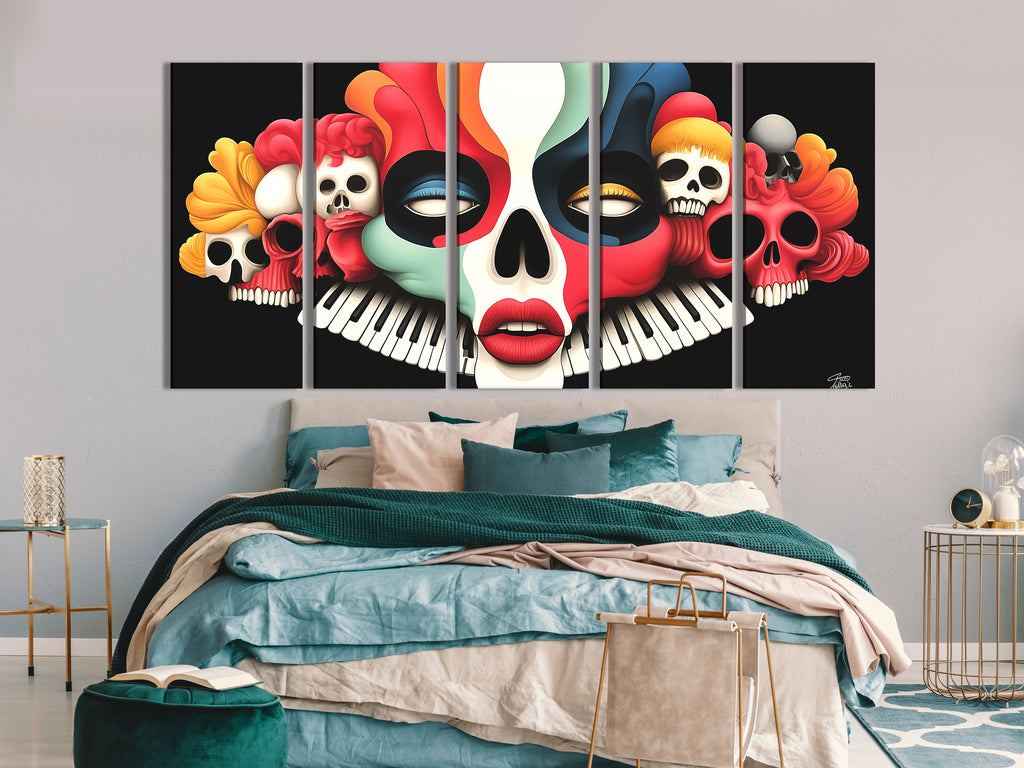 Bold poster of skulls interwoven with a keyboard design, exuding music-inspired edge.