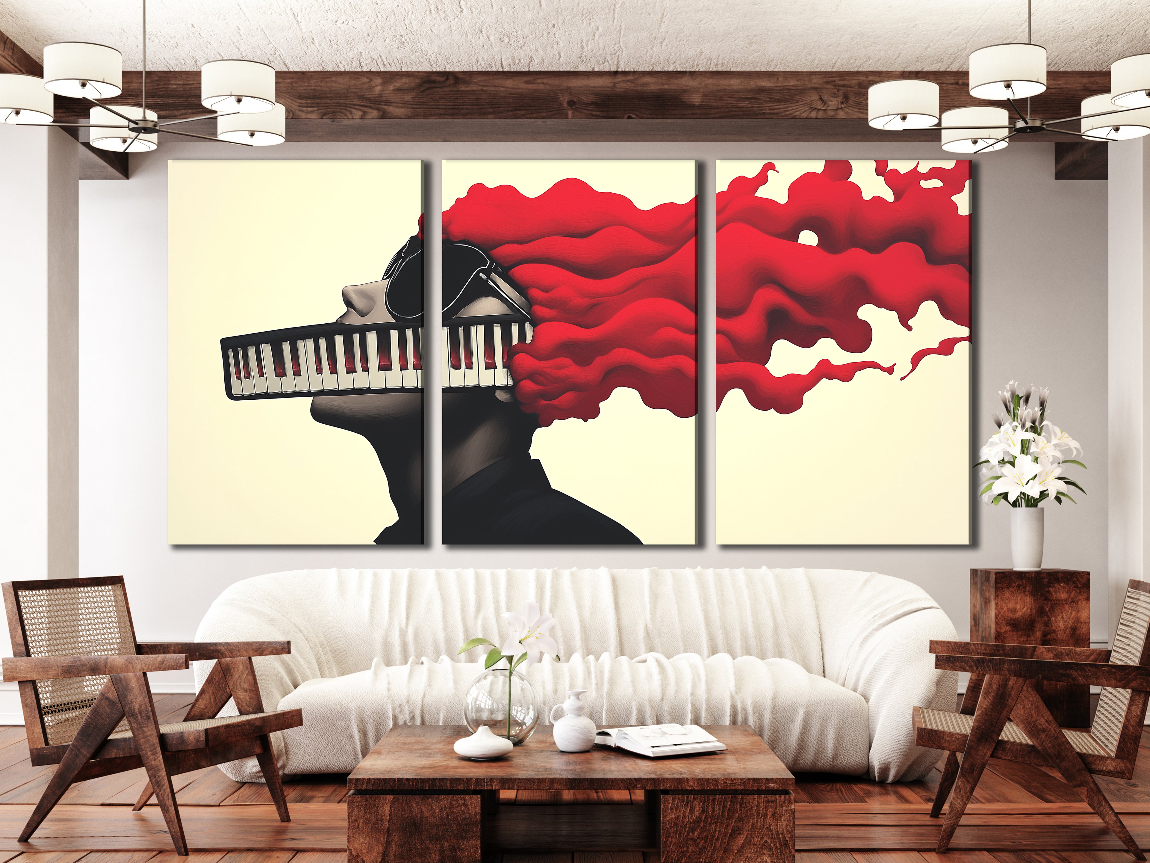 Bold wall decor showcasing a surreal musician concept with flowing red hair