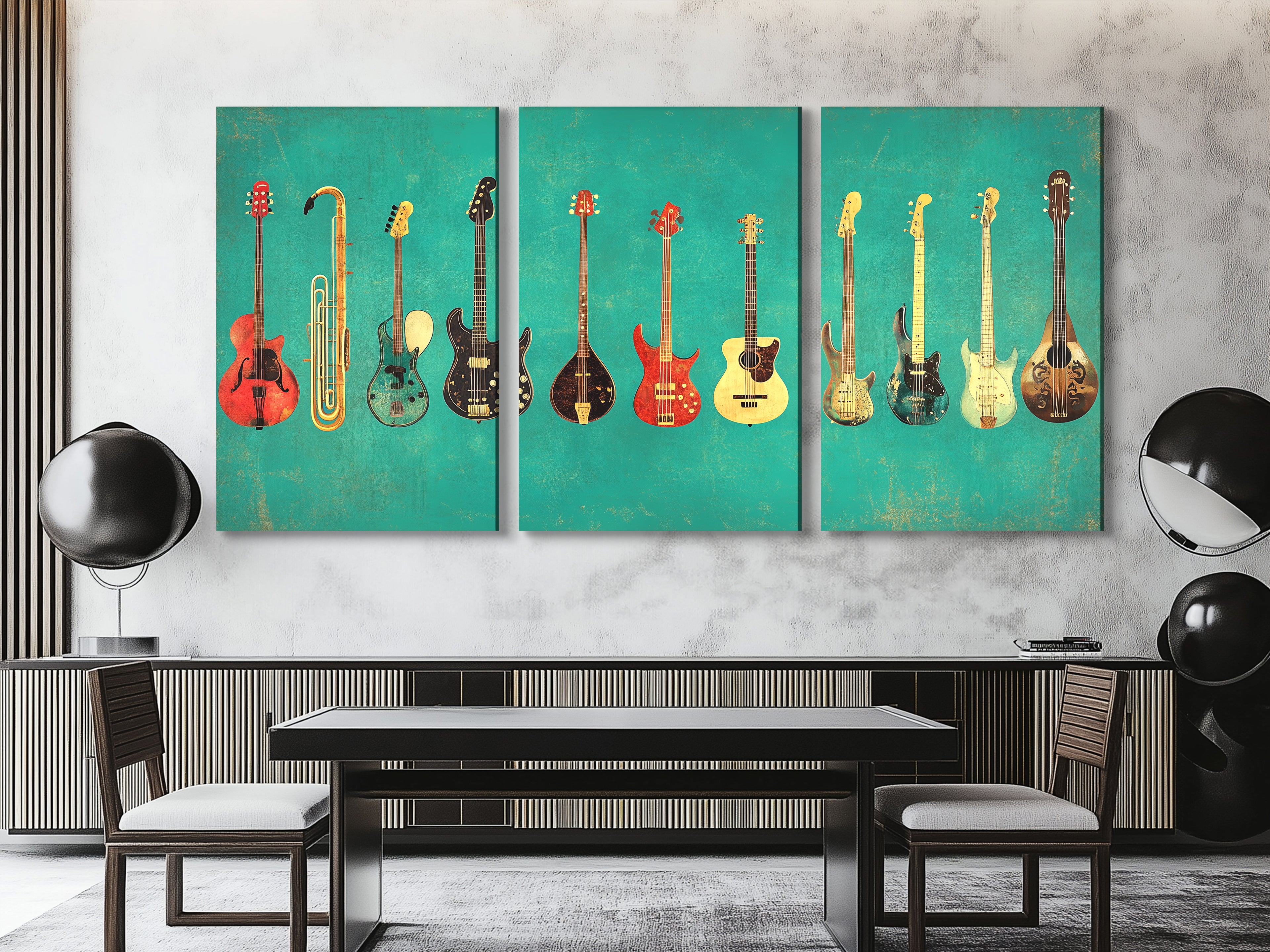 Bright artwork blending nostalgic instrument designs and teal distressed texture.