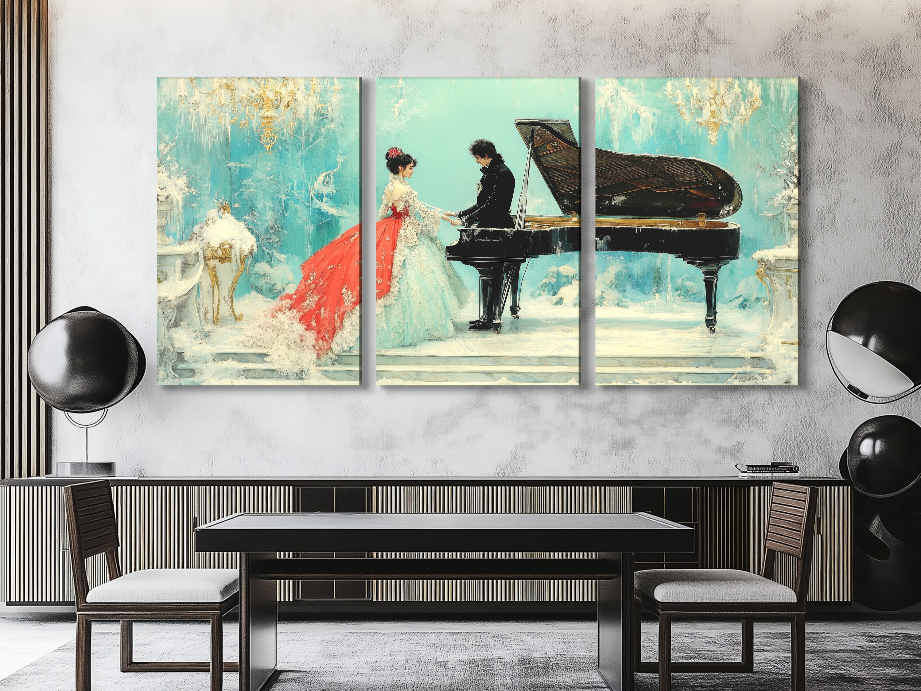 Elegant Couple and Grand Piano Canvas Art Above Dining Table in Modern Setting