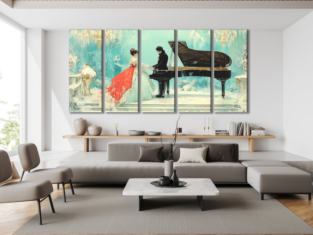 Elegant Couple and Grand Piano Canvas Art Above Sofa in Modern Setting