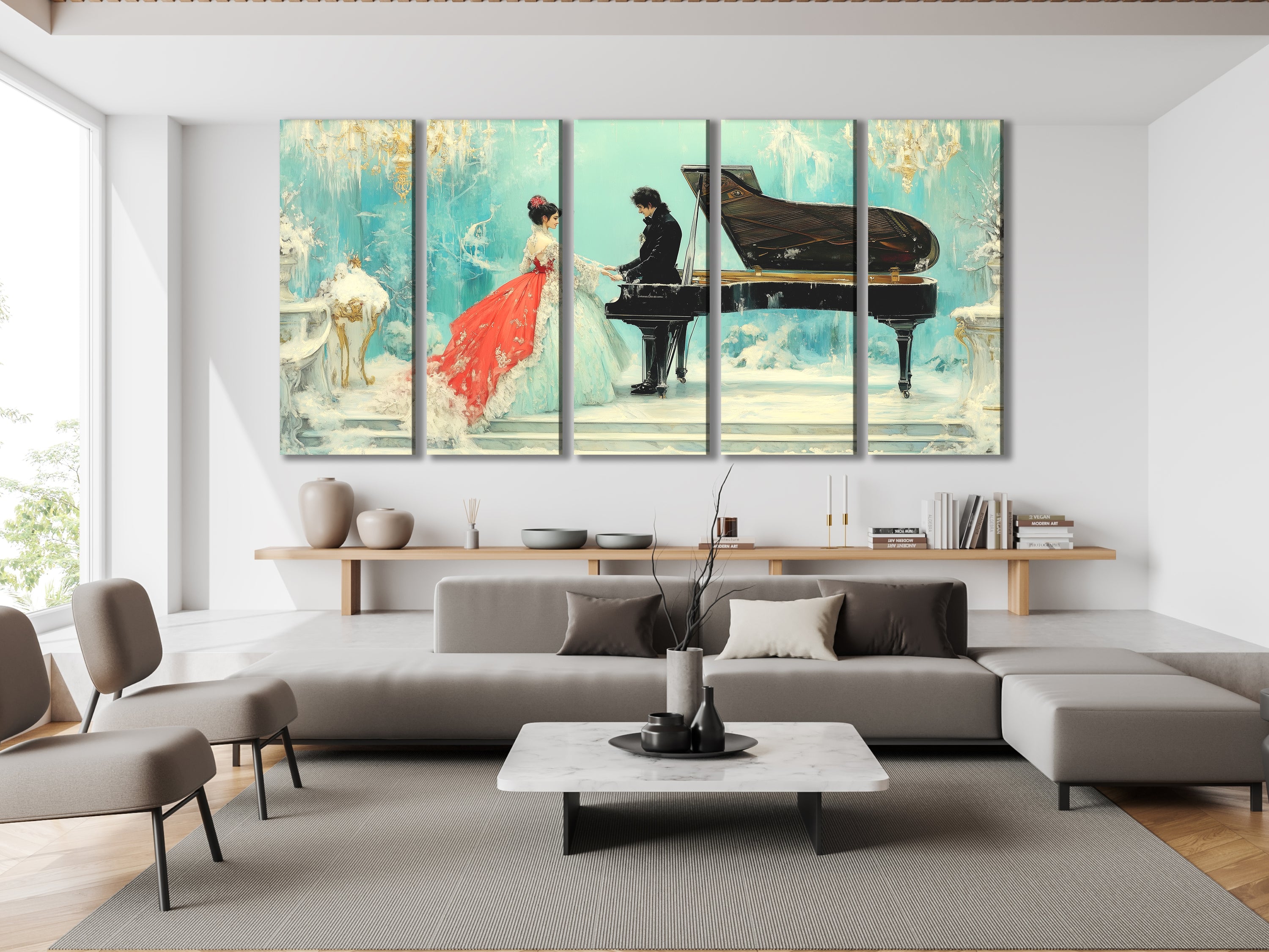 Elegant Couple and Grand Piano Canvas Art Above Sofa in Modern Setting